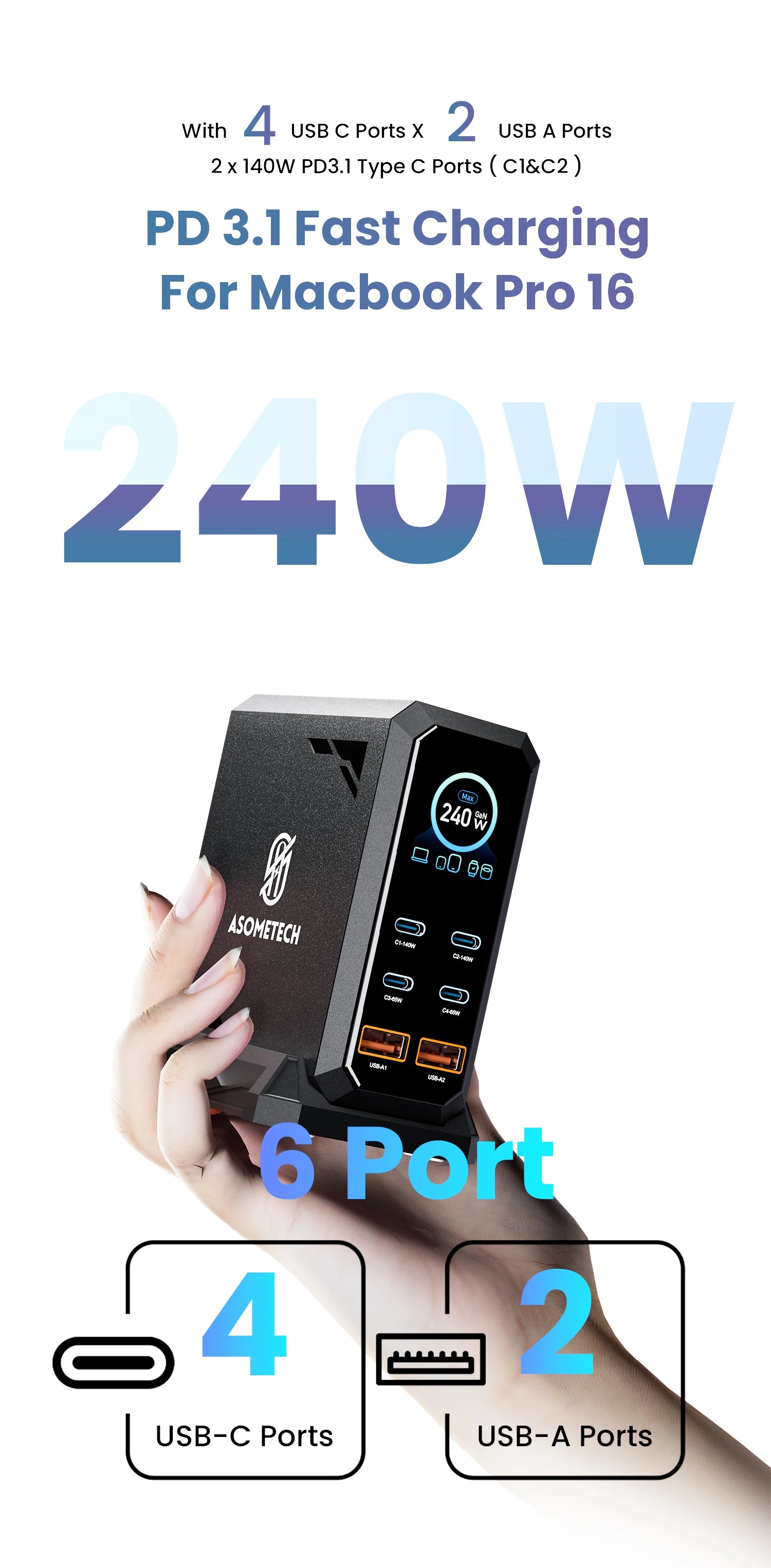 ASOMETECH 240W GaN Charger 140W PD3.1 PPS USB Type C Digital Display Fast Charging Station for iPhone 17 MacBook Laptops Samsung