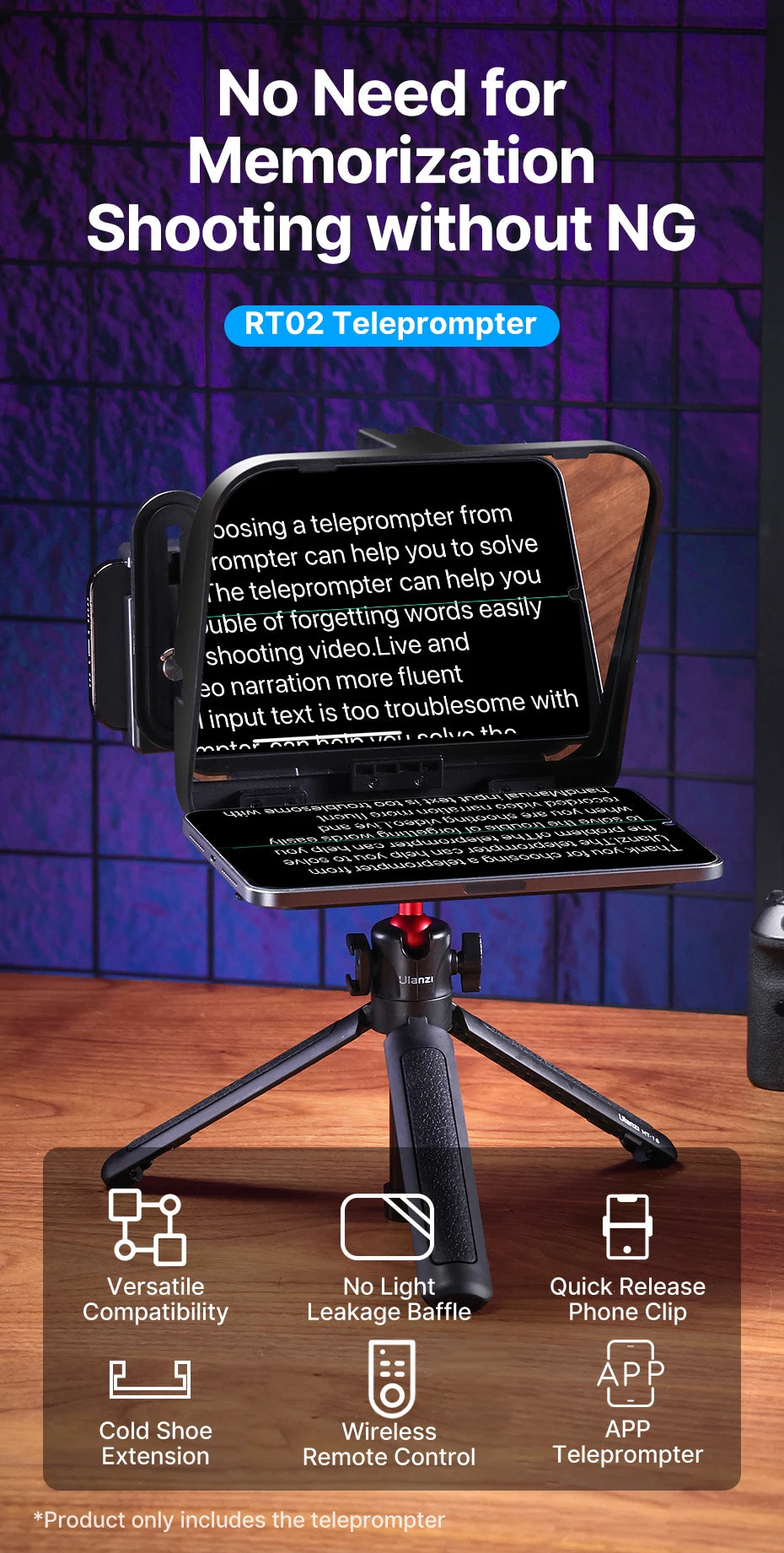 Ulanzi RT02 Teleprompter Portable Mini Collapsible Prompter for Tablets DSLR Laptop Camera Phone Live Streaming Video Recording