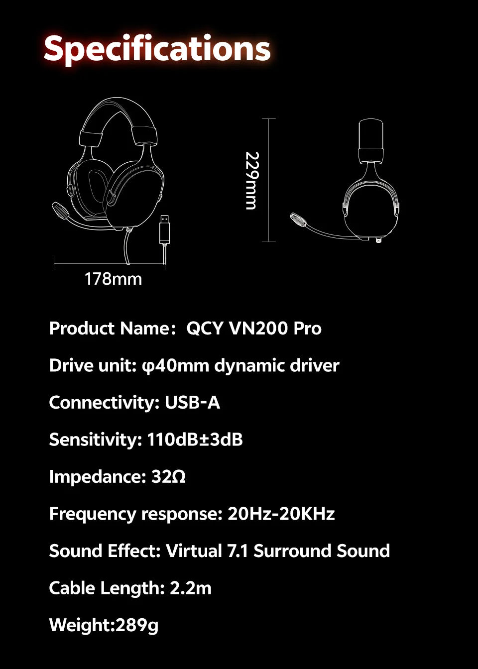 QCY VN200 Pro Wired Gaming Headset With Mic 40mm Driver 7.1 Surround Over Ear Headphones For PC PS4 PS5 Gamer Headphones