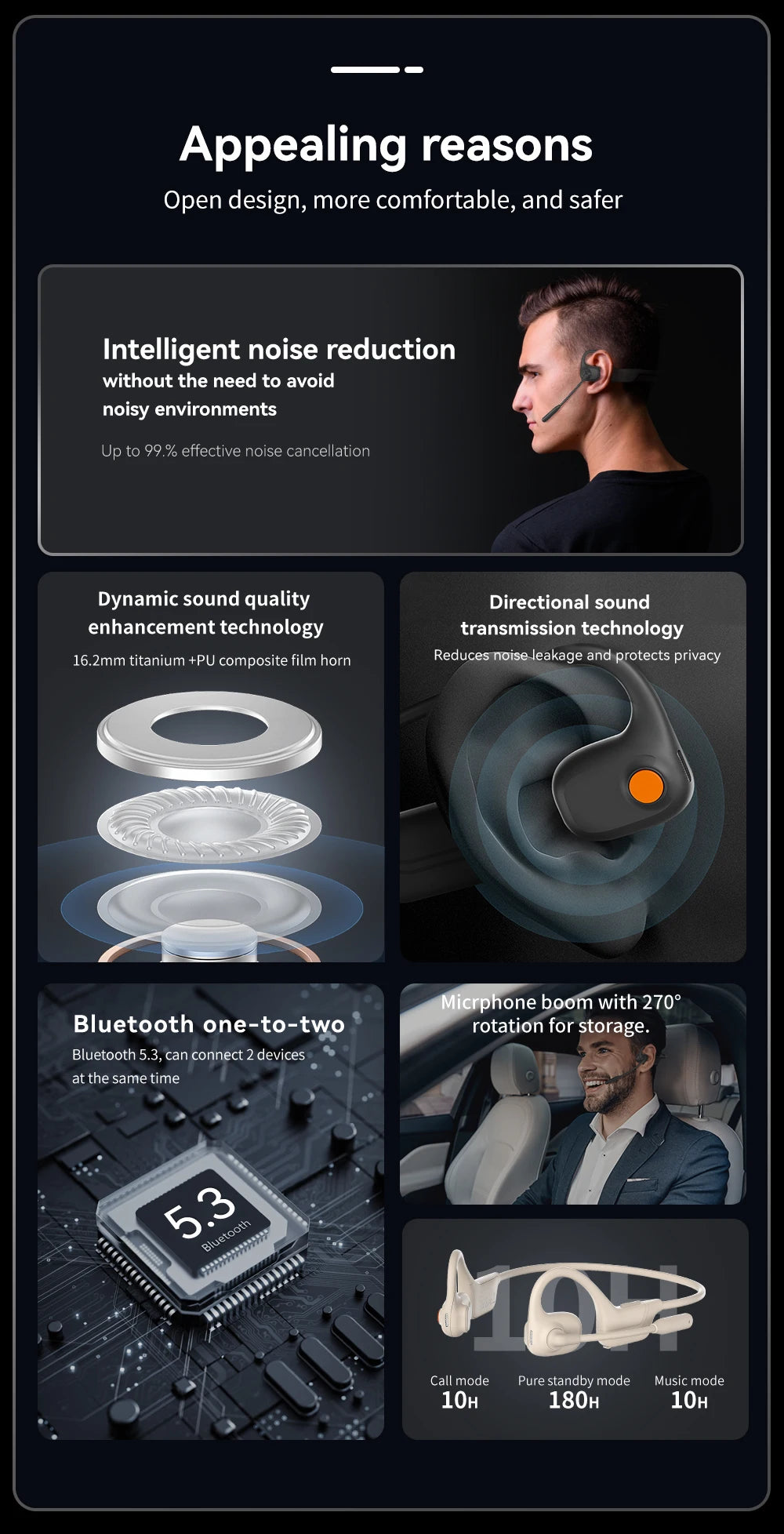 Professional air conduction HIFI sound quality wireless noise reduction Bluetooth headset with microphone suitable for work meet