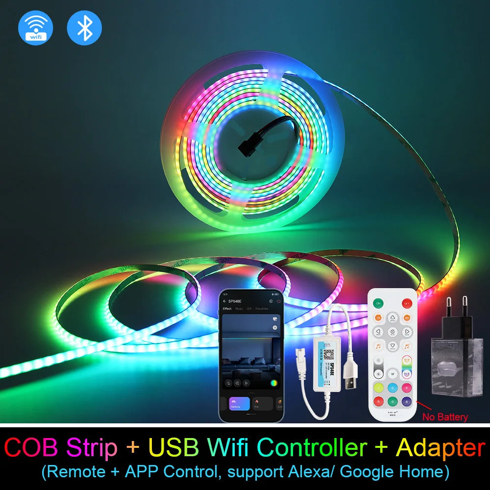 5V New 3mm Super Thin Addressable COB LED Strip RGBIC Individual Pixel Control 240LEDs WS2812B Dream Color USB Powered LED Tape