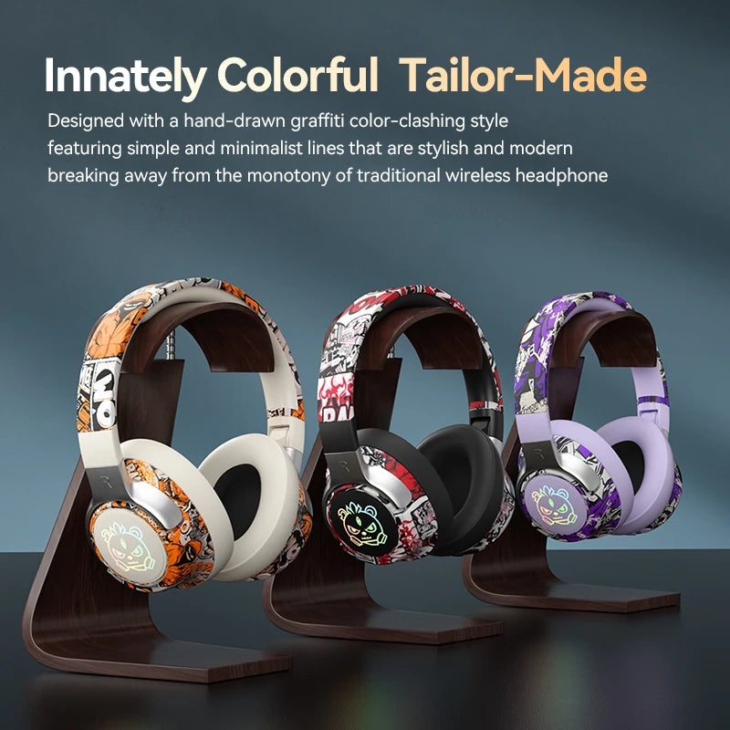 SY-T12 Graffiti LED Light Up Wireless Headphones Over Ear Foldable 3D Earpads Bluetooth 5.4 Headset For Gaming Sports