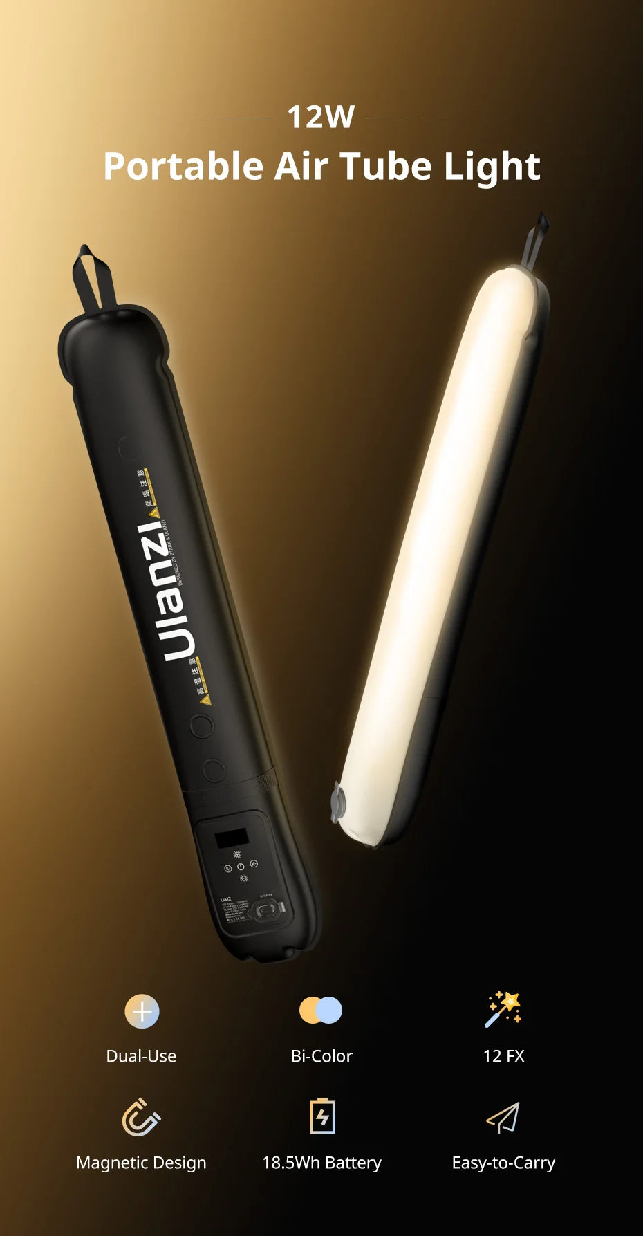 Ulanzi UA12 12W Inflatable TPU Air Tube Light 2700K-6500K Bi-Color Portable Pocket Light Stick Magnetic Mount for Livestreaming