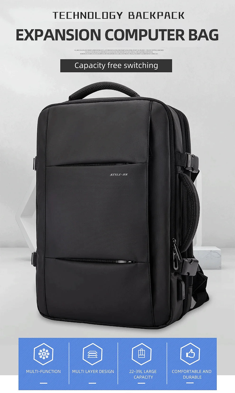 Heroic Knight Travel Laptop Backpack 15.6 Inch – Expandable Waterproof Business Backpack for Men, USB Charging Port, Large Capacity School & Work Bag