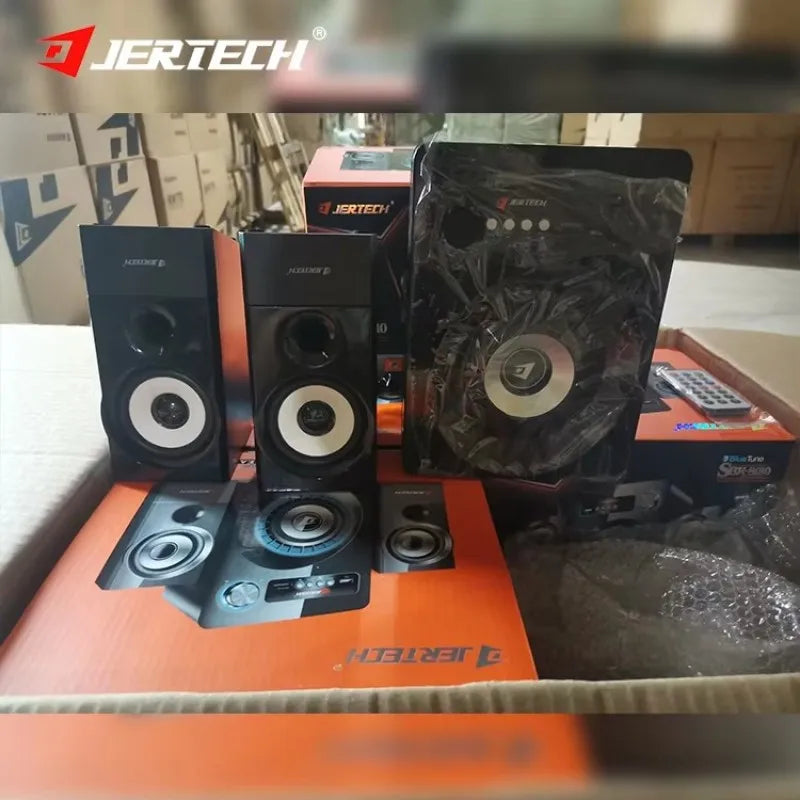 JERTECH Professional Monitor Sound Equipment Computer Speakers USB Wired Bluetooth Subwoofer Amplifier Audio Set with LED Remote