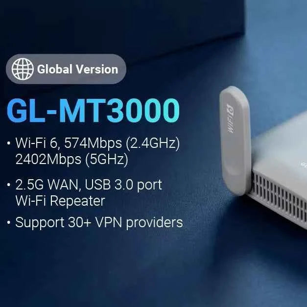 GL.iNet GL-MT3000 (Beryl AX) Wi-Fi 6 Wireless Travel Gigabit Router, Connect Public & Hotel Wi-Fi, Captive Portal, Cybersecurity