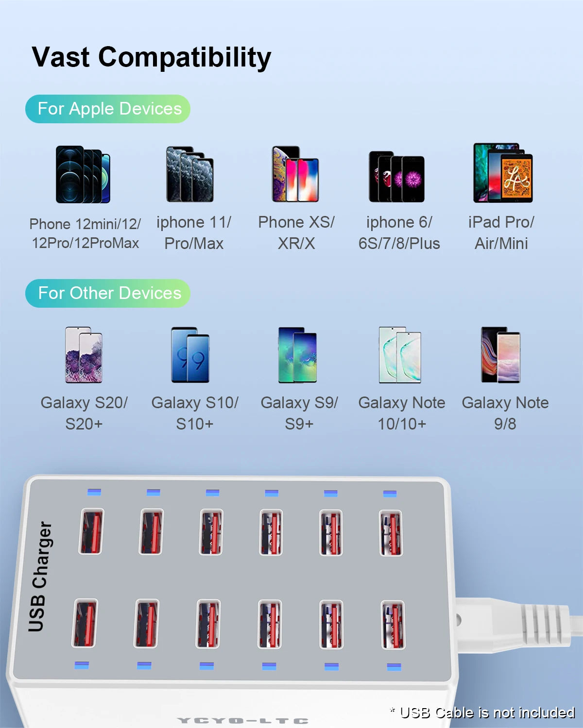 12 Port USB Charging Station 60W Smart Fast Charger US Plug Multi Port Desktop USB Charger for iPhone Samsung Android Phone Tablet