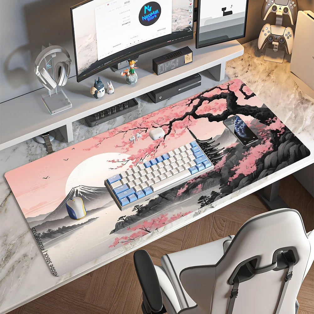 Japanese Sakura Mouse Pad XL Gaming Desk Mat Fuji Pagoda Mousepad Cherry Blossom Mountain Accessories 90x40 Mousepads