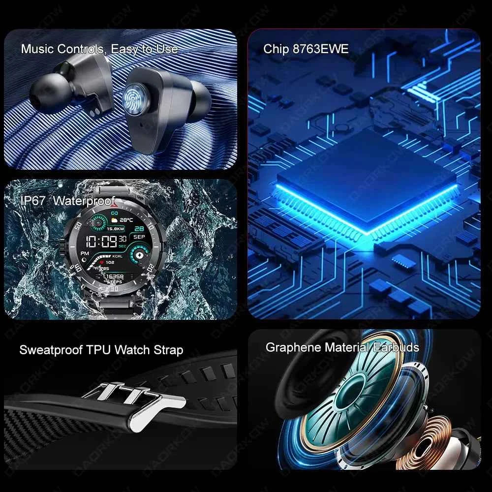 New 3 in 1 Smart Watch for Men With TWS Headset Rugged Military Bluetooth Call Fitness Tracker IP67 Waterproof for Android iOS