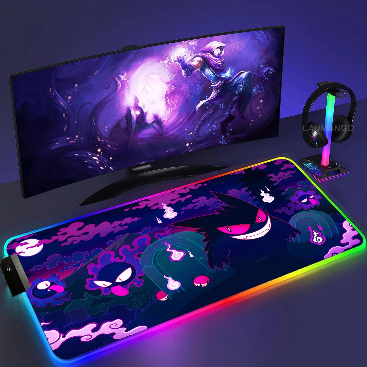 Gengar Mousepad Pokemon RGB LED Purple Mouse Pad Gaming Accessories Ghost Big Extended Keyboard Carpet PC Anime Desk Mats - WinSupport Tech