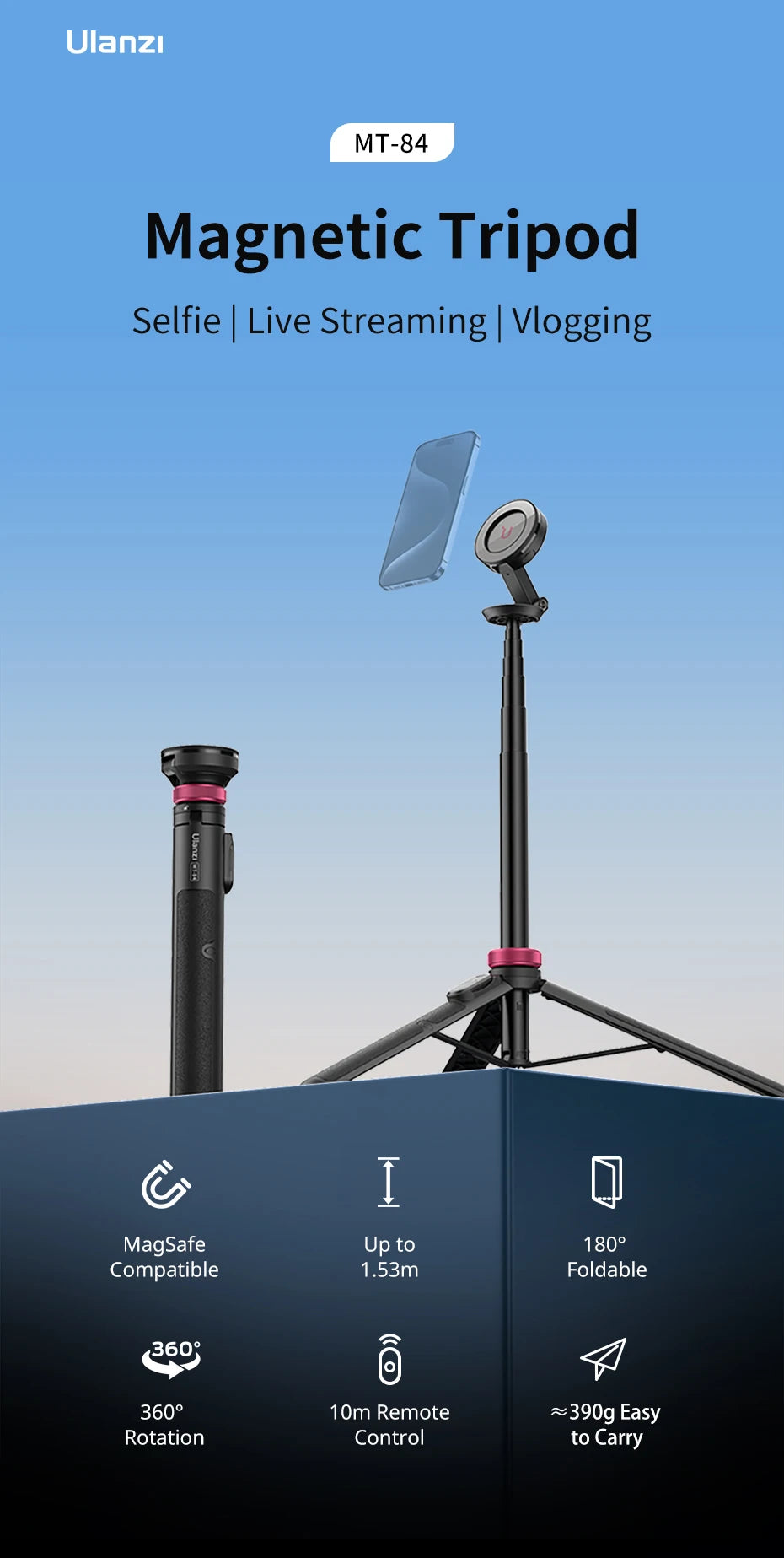 Ulanzi MT-84 1.53M Magsafe Selfie Stick Tripod Stand Bluetooth Remote Phone Extension Tripod for IPhone 16 15 LiveStreaming Vlog