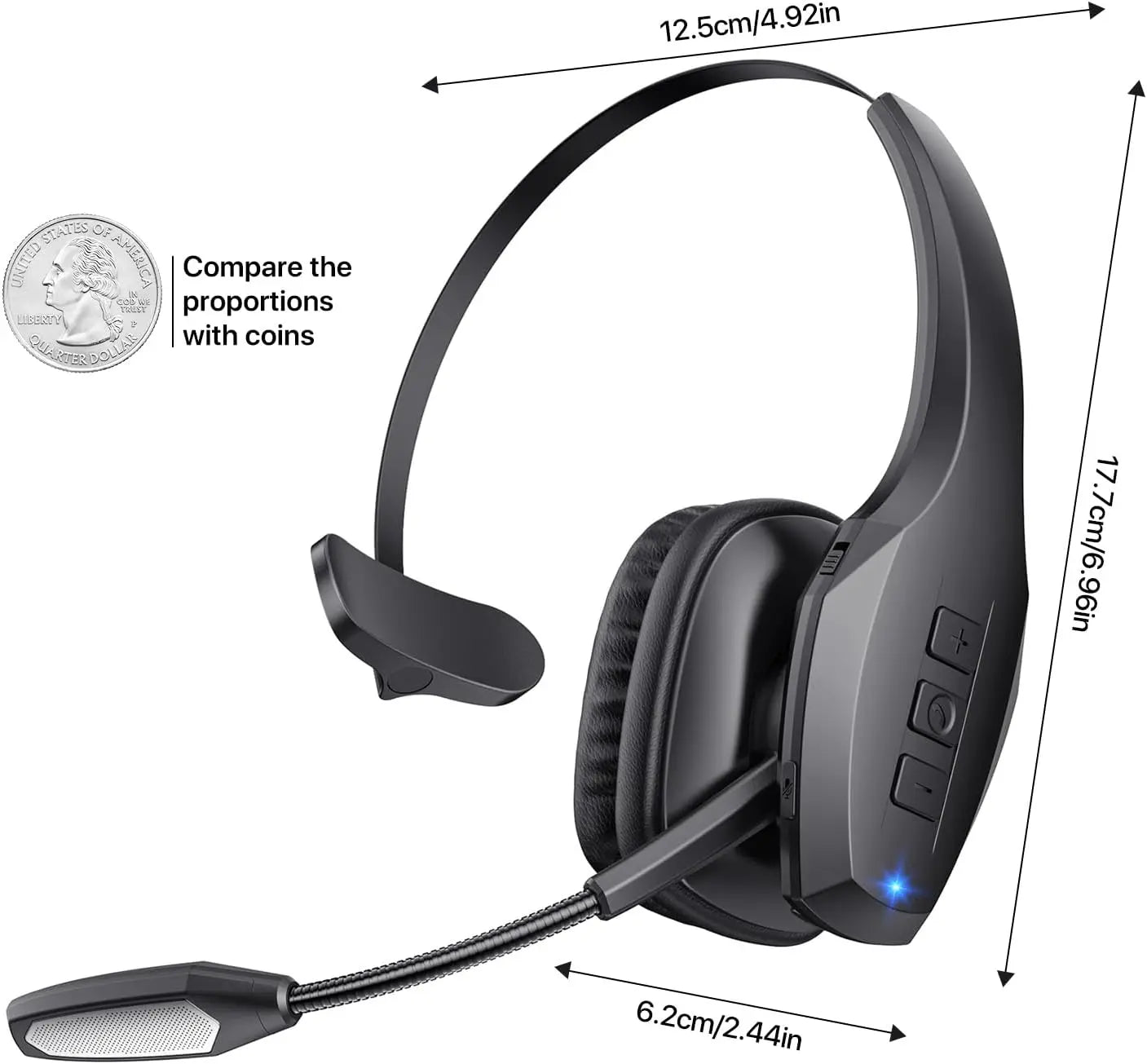 Trucker Bluetooth Headset, Wireless Headset with Mic, Bluetooth Headsets with Dual Noise Cancelling Microphone & Mute Button