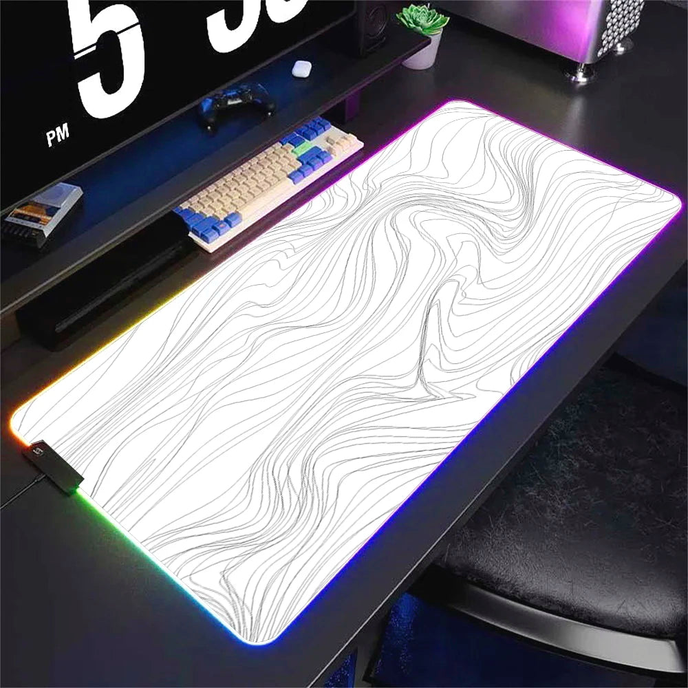 LED Desk Mat Black and White Lines RGB Computer Mouse Pad Gamer Cabinet Luminescence Abstract Mousepad Keyboard Gaming Deskmat
