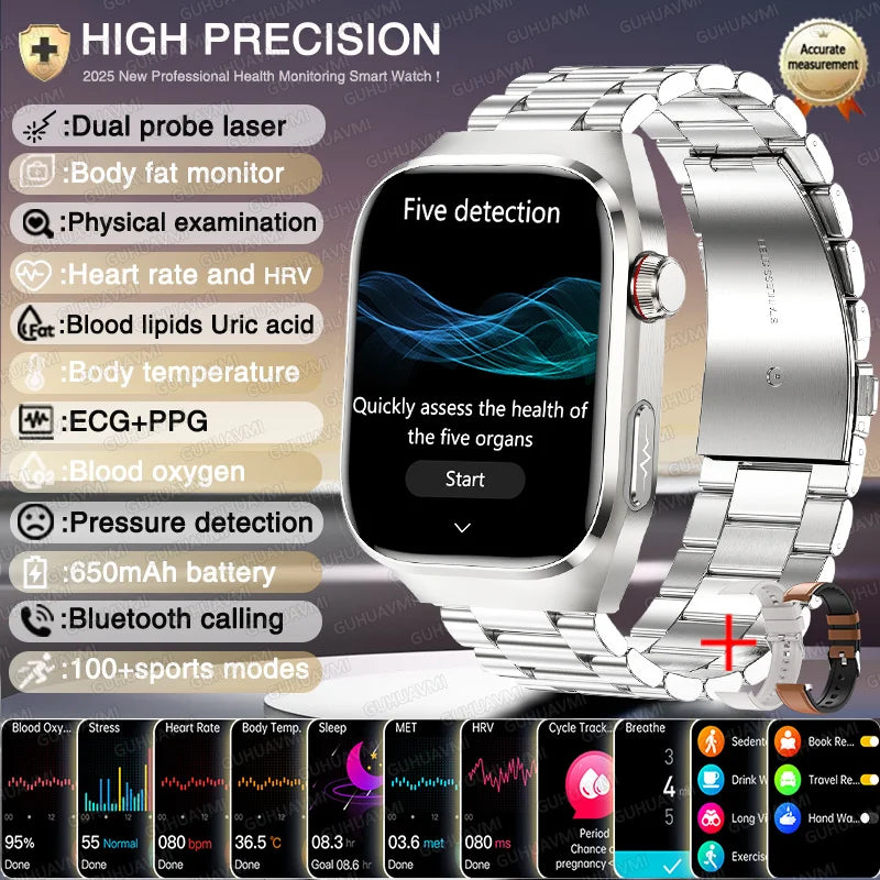 New Nursing Level Blood Pressure Laser Therapy Diagnosis Smart Watch Men Women Clock ECG+PPG Uric Acid Lipid Heart Rate Watches