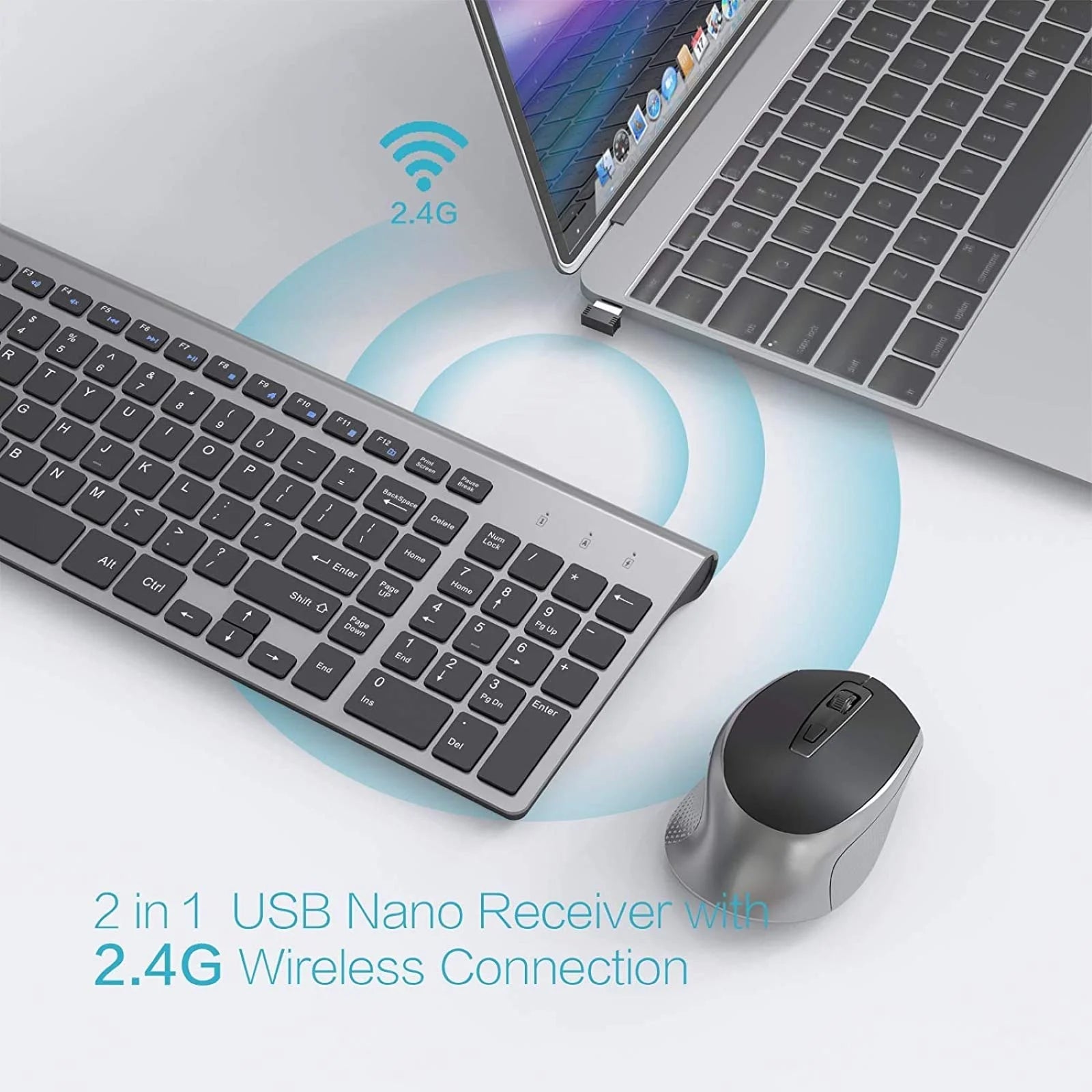 Wireless Keyboard Mouse Combo,U.S. Layout,2.4G USB Compact and Convenient, Slim, Portable Ergonomic, Silver White