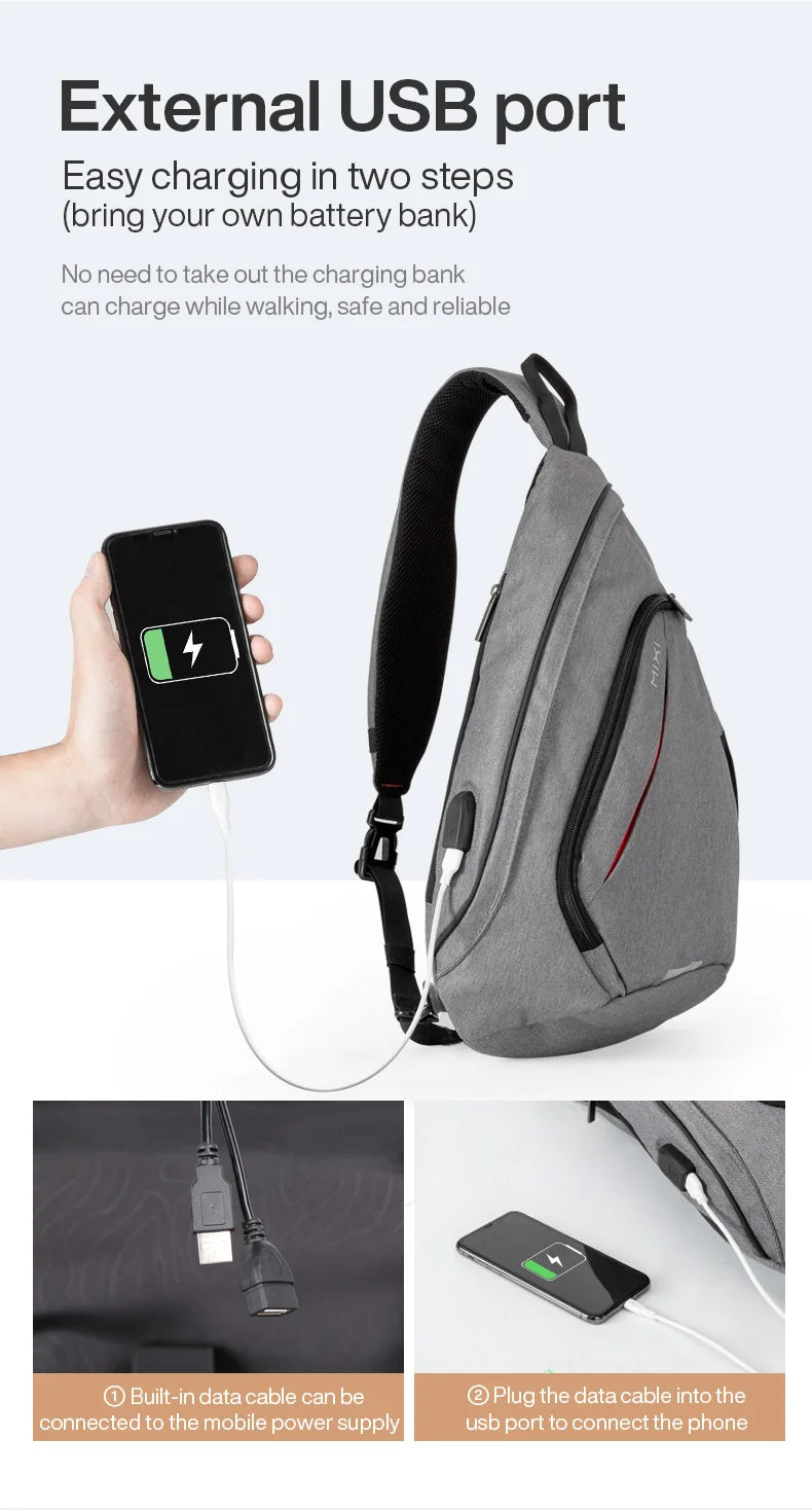 Mixi One Shoulder Backpack Crossbody Sling Bag – USB Charging Sports Travel Bag for Men & Women, Lightweight Cycling & School Backpack