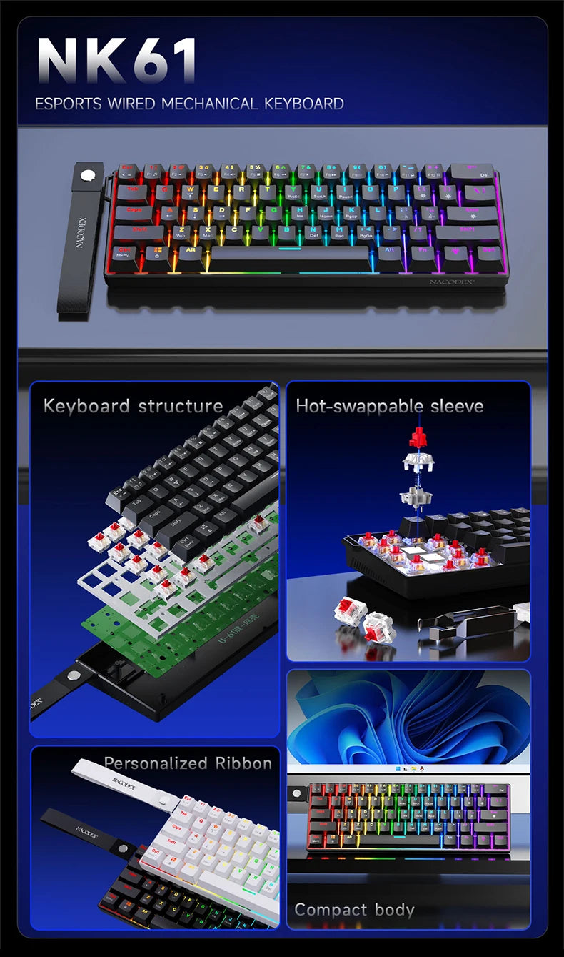 AJAZZ NK61 Wired Mechanical Keyboard, Mixed Backlight, Compact Mini Layout, Detachable USB-C Cable, Keycap Puller Included