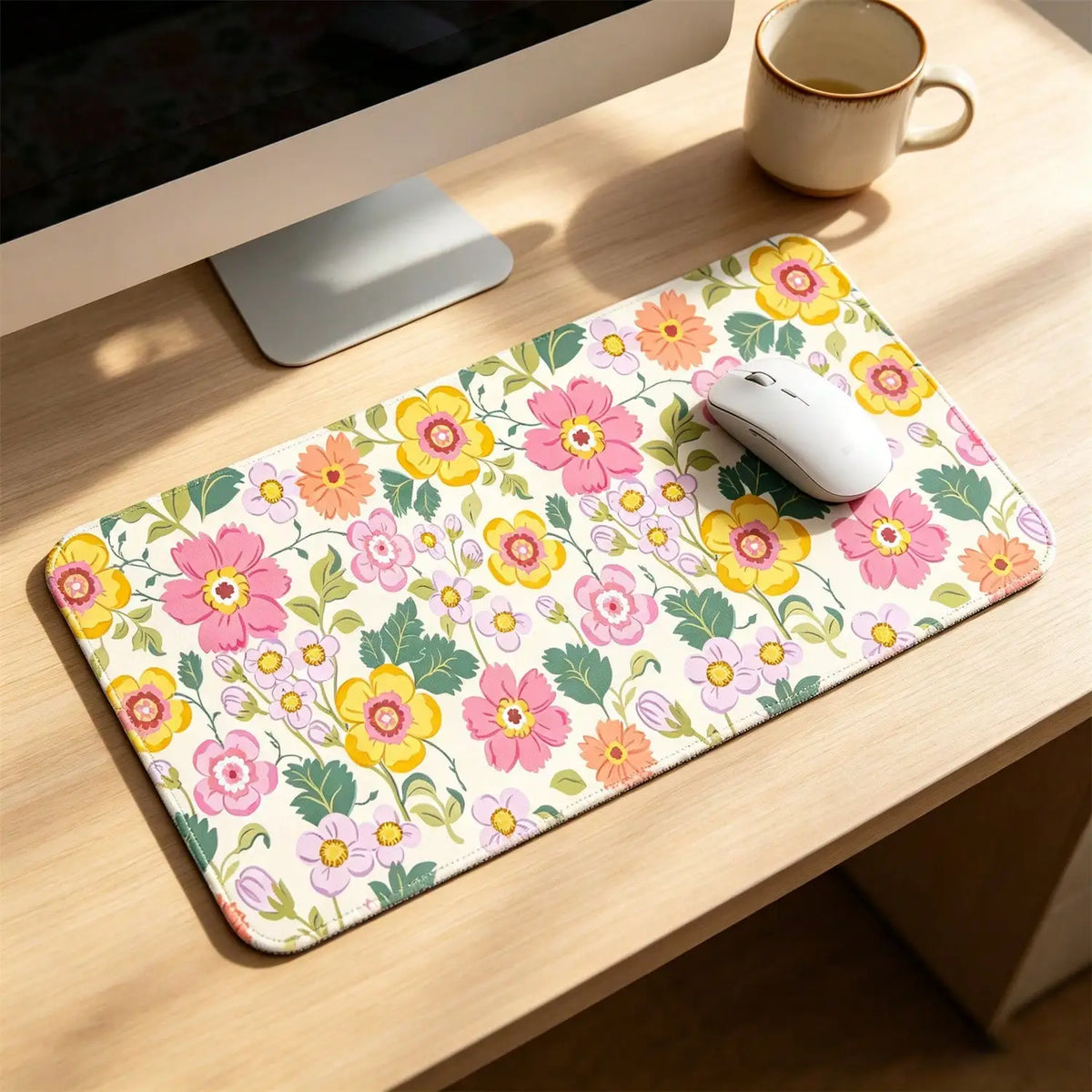 Large Mouse Pad, Wildflowers Floral Desk Mat Computer Keyboard Pad Non-Slip Rubber Base With Stitched Edges For Laptop Gaming, Office & Home