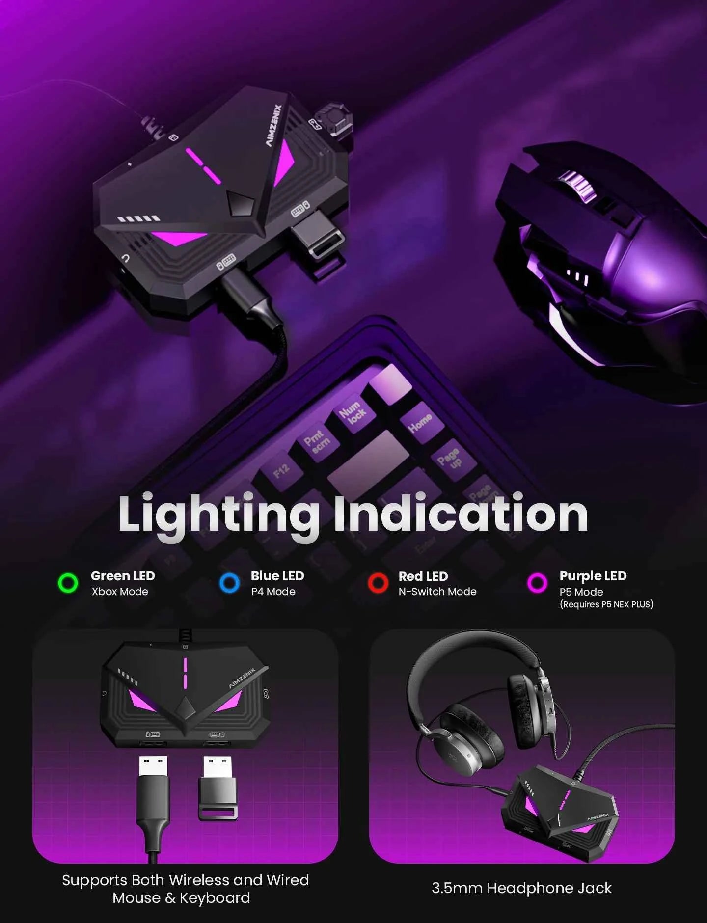 Aimzenix Blader Pro AX160 Keyboard And Mouse Converter for PS4, XONE, X360, XSS, XSX, N-Switch, Supports 3.5mm Headphones, APP