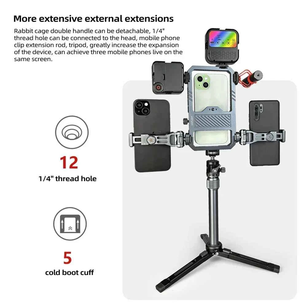Universal Metal Phone Cage Smart Stabilizer w Handgrip Phone Holder for Iphone 15 14 13 Andriod Mic Led Light Filmmaking Video