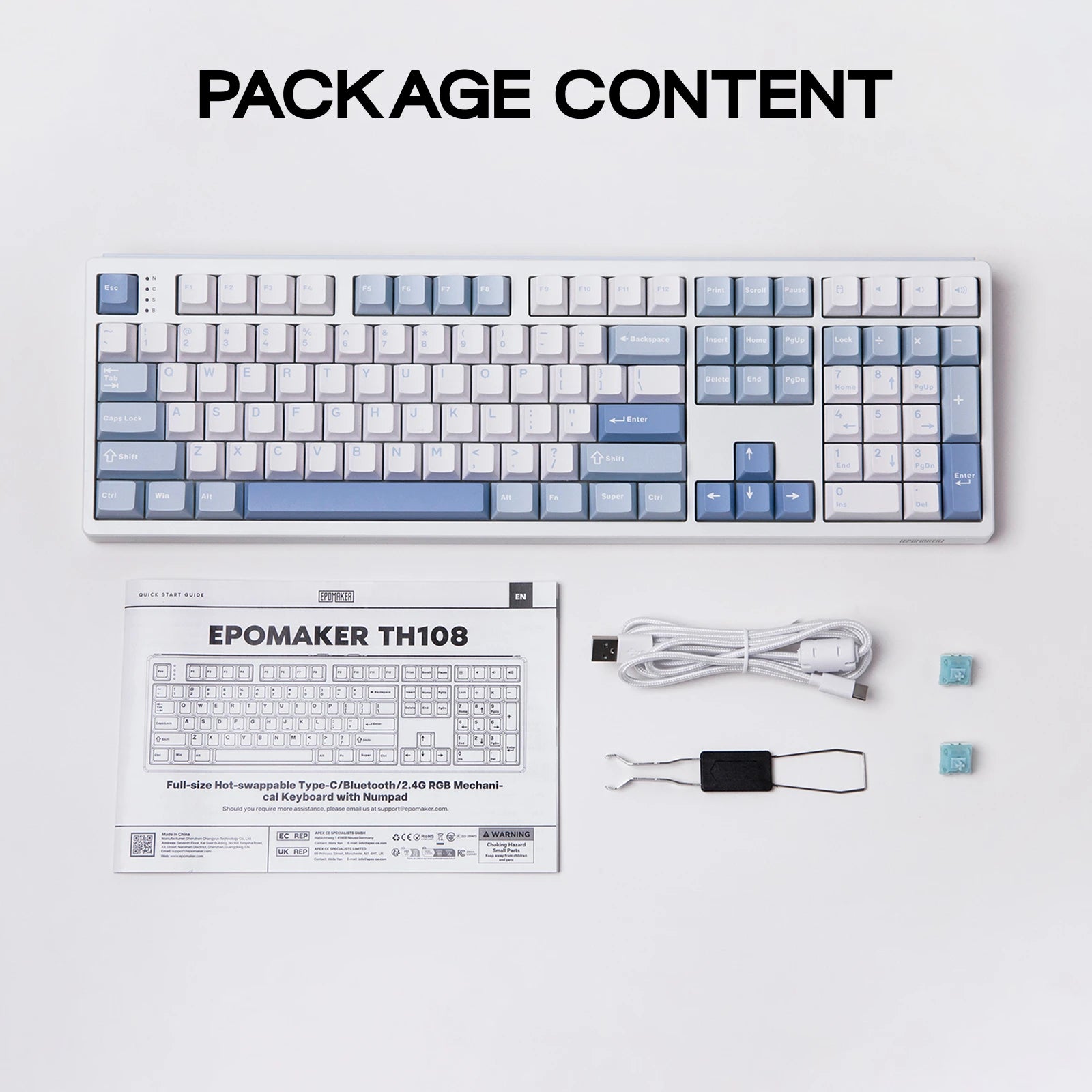 EPOMAKER TH108 100% Full Size Gasket Wired/BT/2.4Ghz Wireless NKRO Mechanical Gaming Keyboard 10000mAh Battery RGB Backlit
