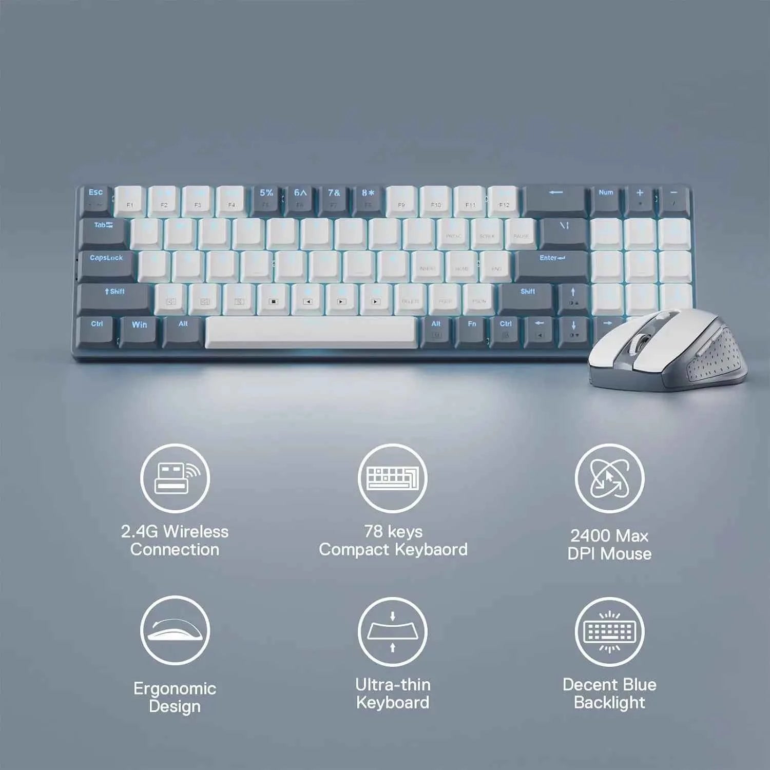 Redragon BS8772 Wireless Keyboard and Mouse Combo, 78 Keys 2.4Ghz Wireless Low-Profile Mechanical Keyboard w/ 2400 DPI Mouse