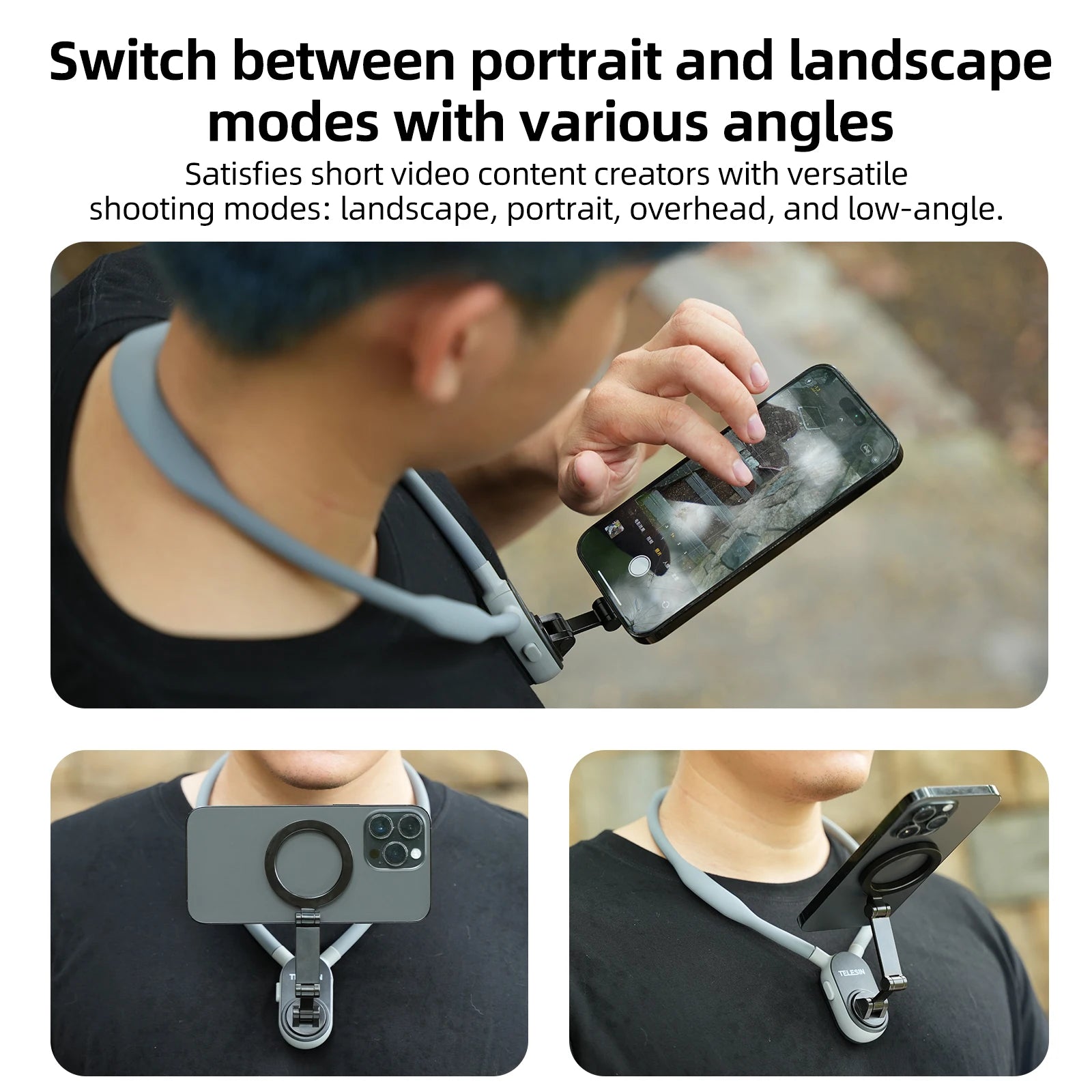 TELESIN Silicone Magnetic Neck Mount Quick Release Phone Stand Universal Compatible with iPhone MagSafe Samsung Huawei Xiaomi