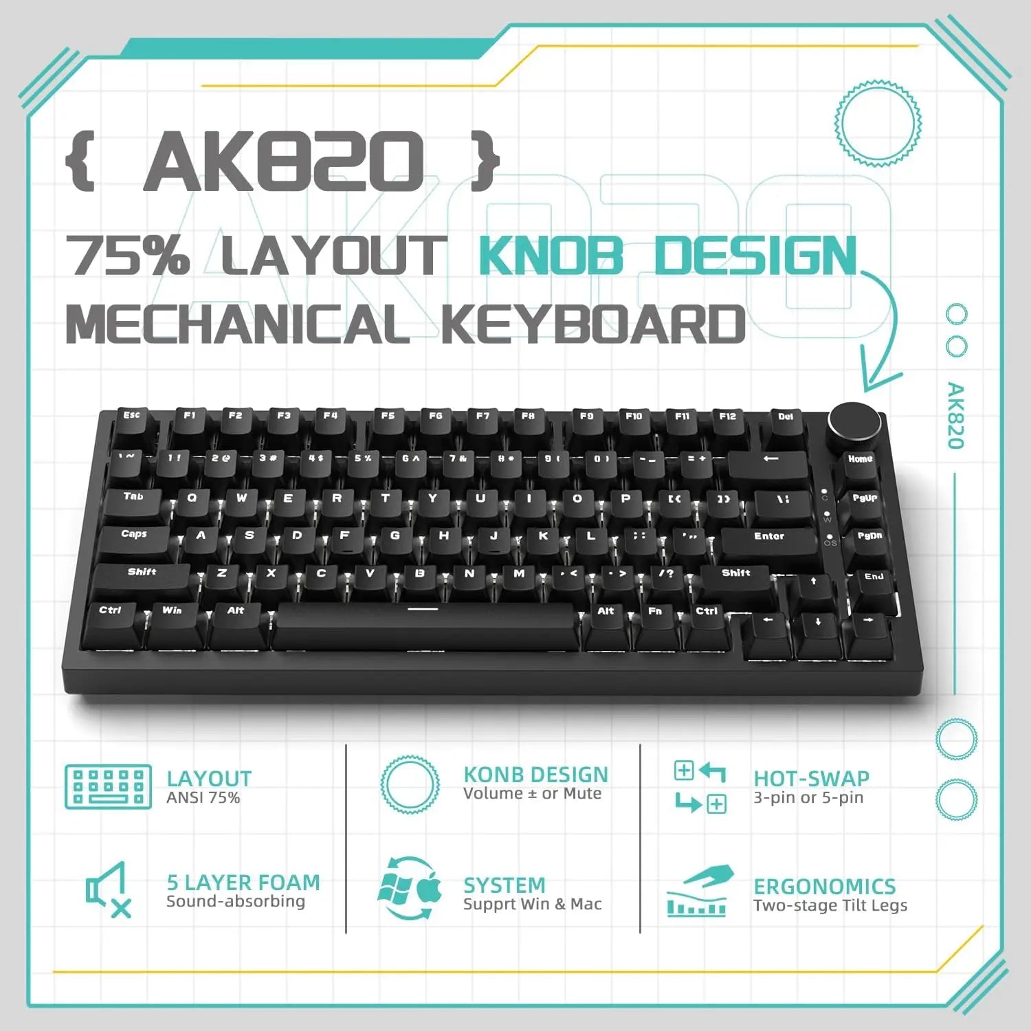 AJAZZ AK820 Wired Gaming Keyboard Red Switch 75% Layout Ergonomic Hot-swappable Detachable Cable