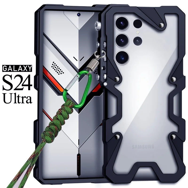 Luxury Armor Metal Aluminum Phone Bumper For Samsung Galaxy S26 S25 S24 Ultra + FE Cover Mechanical Purely Handmade Skull Case