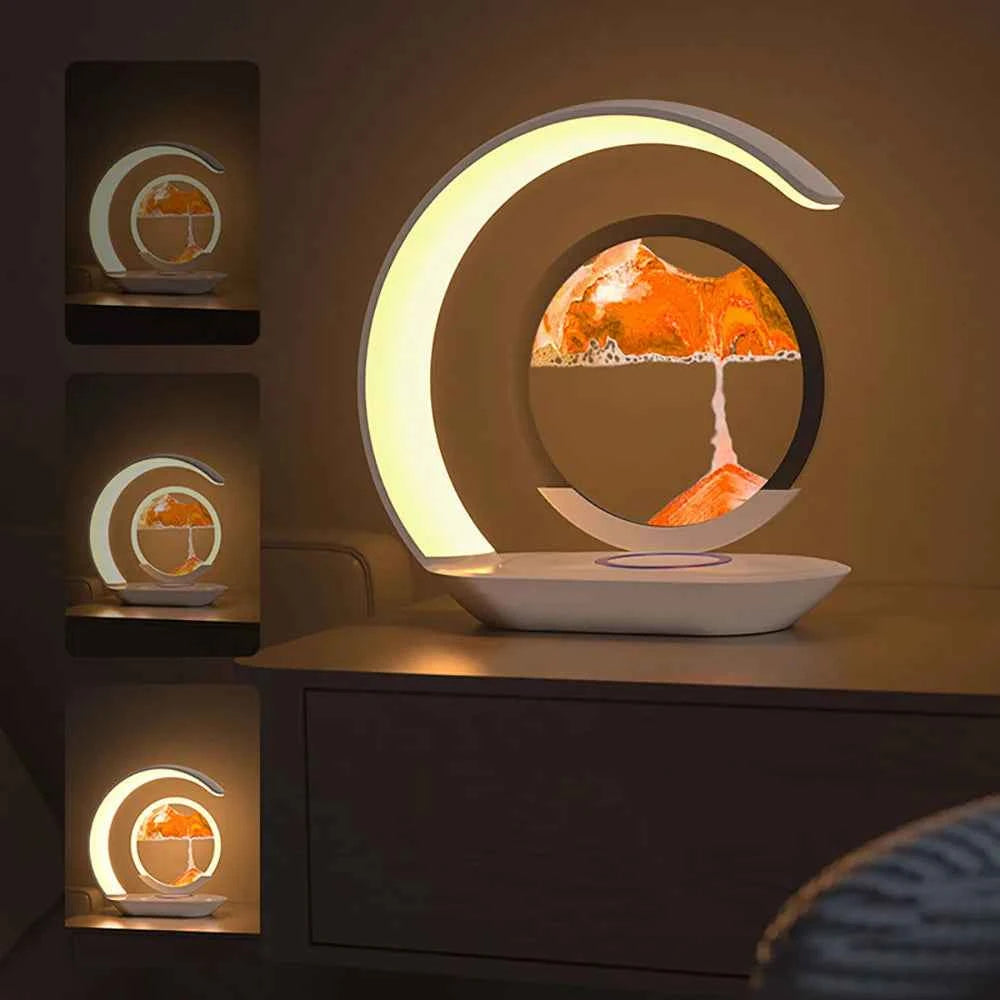 Quicksand Table Lamp Wireless Charging Desk Lamp 3D Hourglass Ornaments Sand Painting Night Light for Office Room Decoration