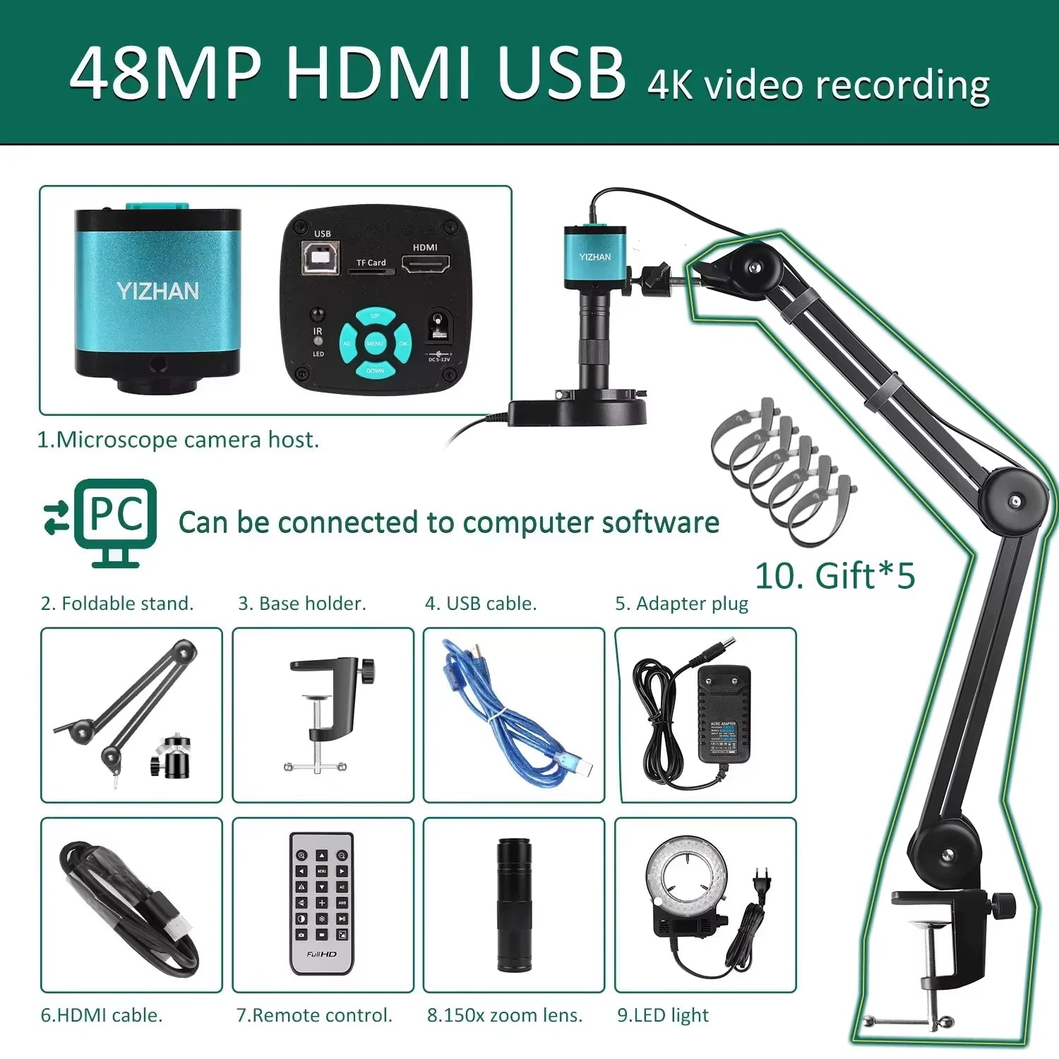 4K Microscope 48MP Digital Microscope For Electronics USB Industrial Cameras HDMI 1-150X Zoom C-Mount Lens Phone Pcb Soldering