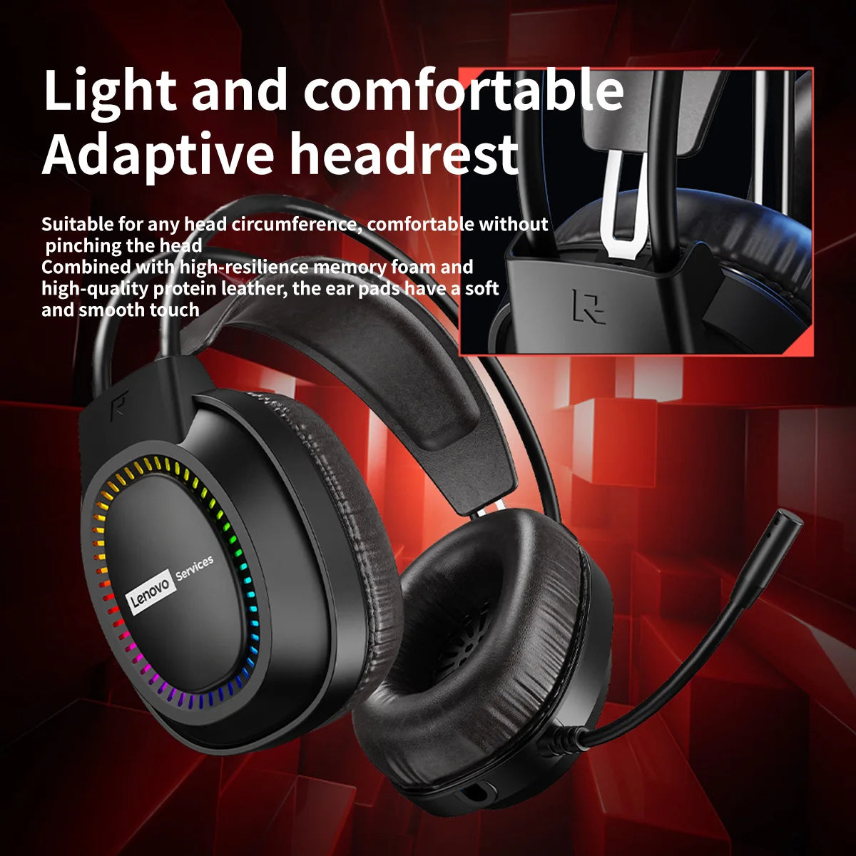 Lenovo Over-Ear Headphones with Microphone, Gaming Headphones, Rgb Lighting, Cool Colorful Lights, Suitable for Desktop and Laptop Computers, Comfortable, Sound-Isolating, and Noise-Cancelling