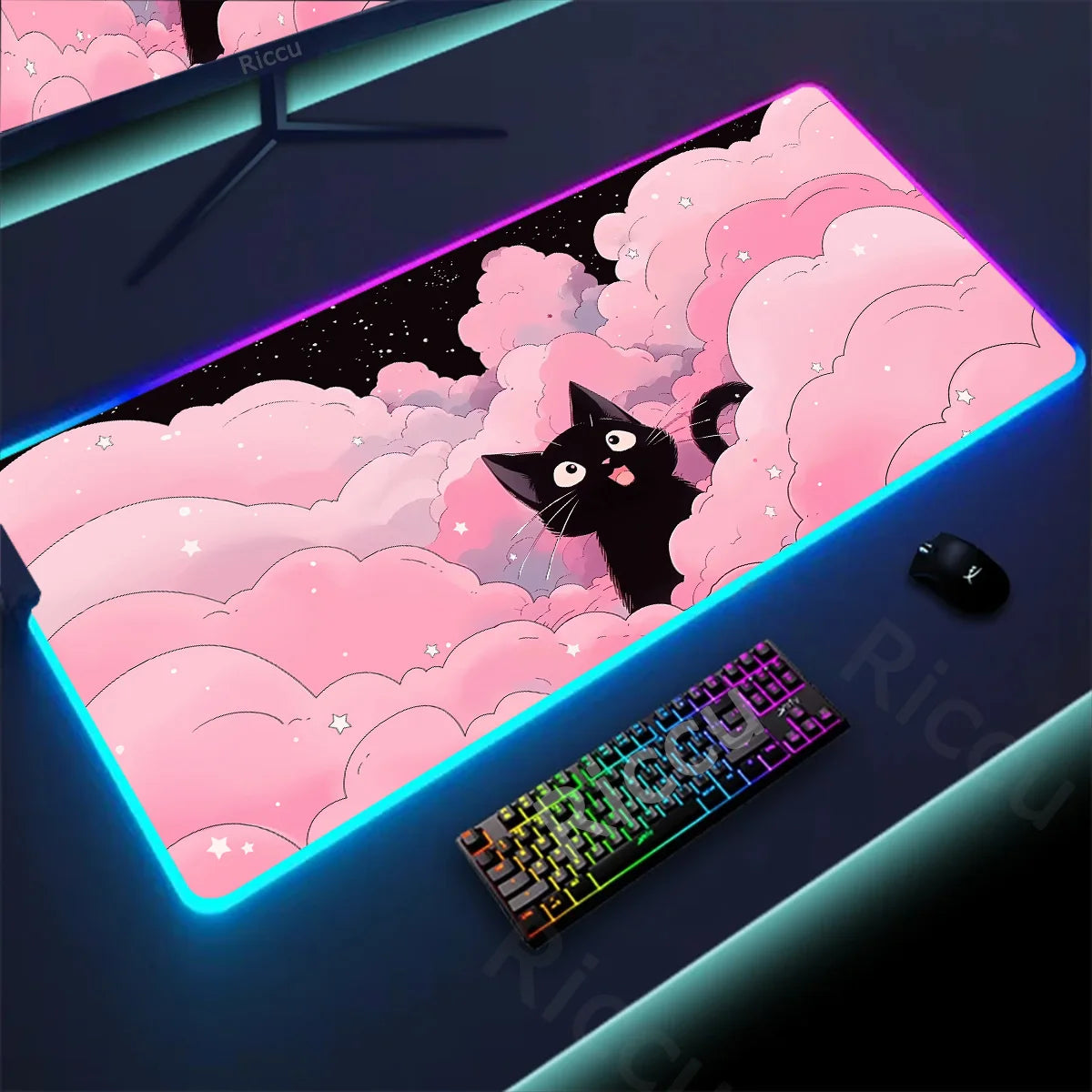 RGB Mousepad Pink Cloud Cat Cartoon Deskmat LED Backlight Gaming Keyboard Rug Computer Office Accessories Kawaii Anime Mouse Pad - WinSupport Tech