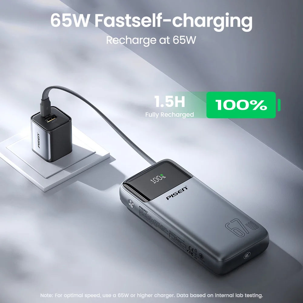 PISEN 20000mAh 67W Power Bank With Fast Charging Cable CCC External Battery For 65W Laptops/ 45W Samsung Phones/ iPhone & iPad