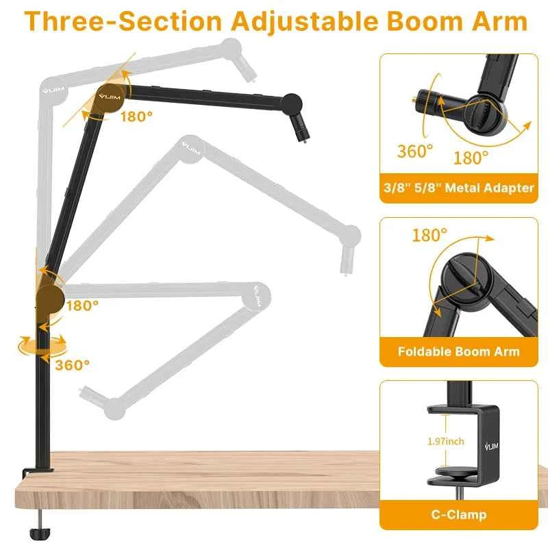 Vijim LS24/LS25 Microphone Boom Arm Stand – Heavy Duty Adjustable Desk Mount for Blue Yeti, DSLR Camera, Smartphone & Streaming Setup
