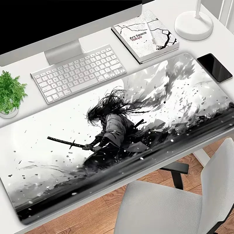 Japanese Samurai Art Mouse Pad, Traditional Calligraphy Pattern Non Slip Desk Mat Game Lovers Office Home Keyboard Desktop Decor