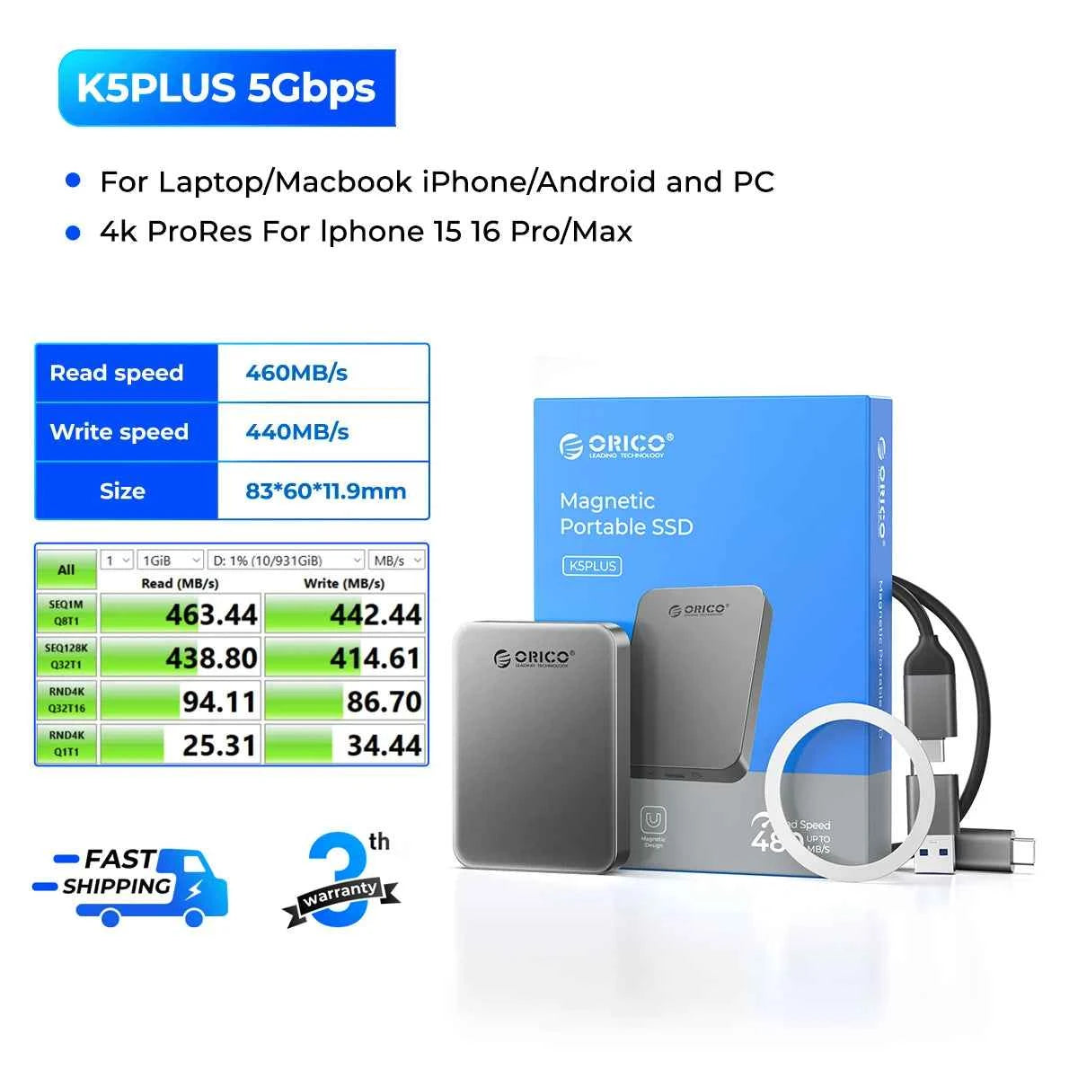 ORICO K5PLUS External SSD (2.5", USB-C, 460MB/s, Magnetic Mount)