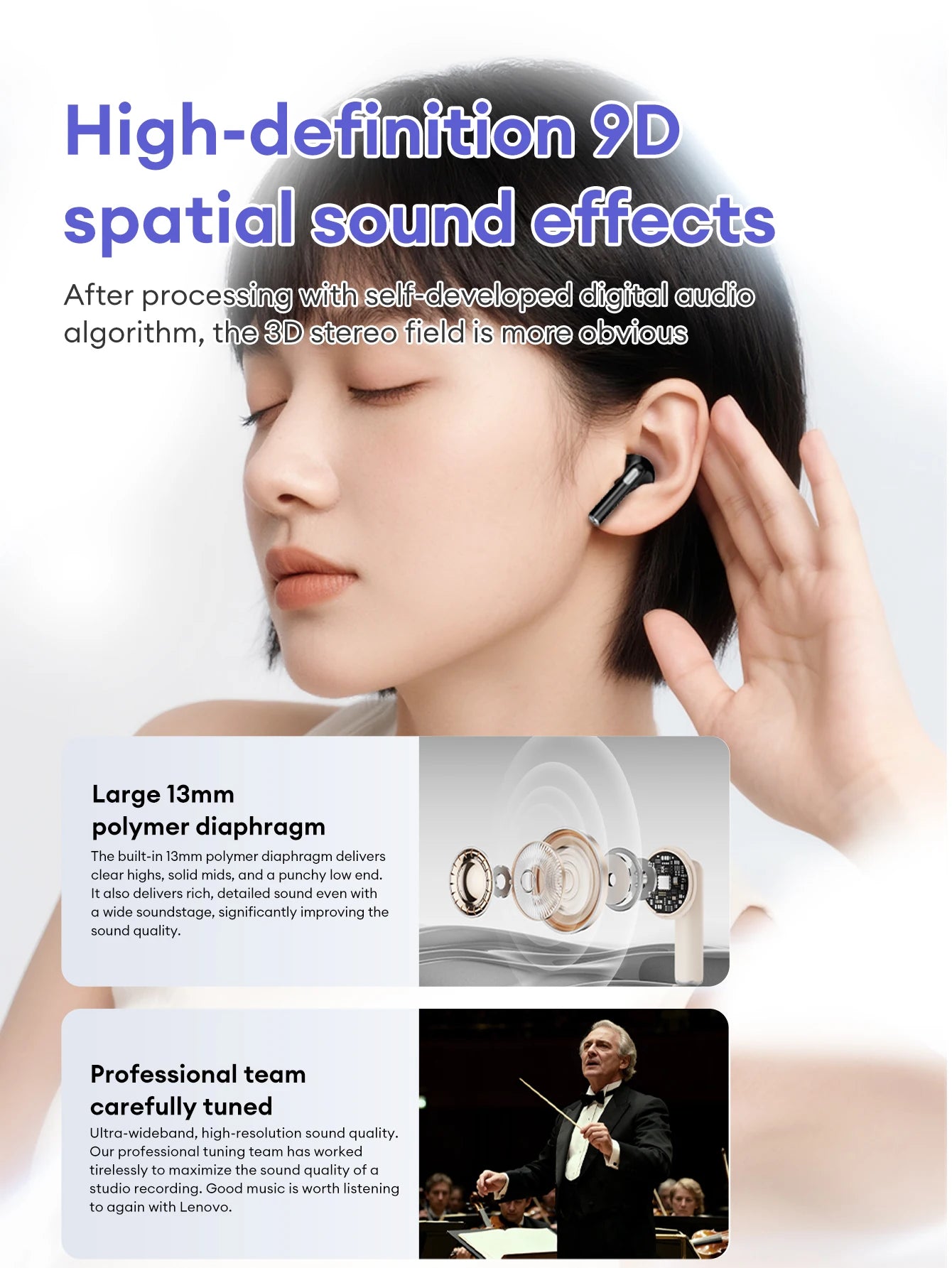 Lenovo Original Wireless Earphones Bluetooth 6.0 Long Battery Life Music Gaming Headphones HiFi Stereo Sound HD Call IP54 Earbud