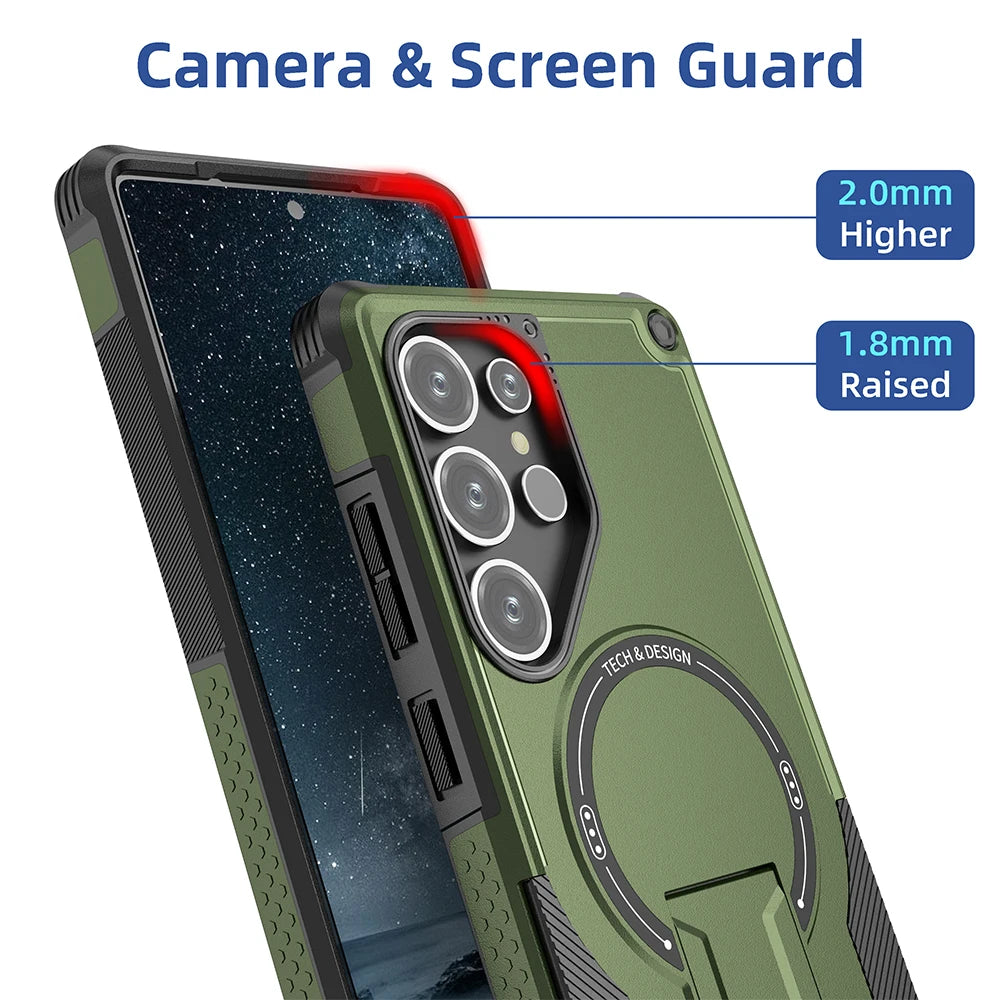 Fold Stand Holder Magnetic Armor Case For Samsung S25 Ultra S24 Plus Wireless Charging Invisible Bracket Shockproof Hard Cover