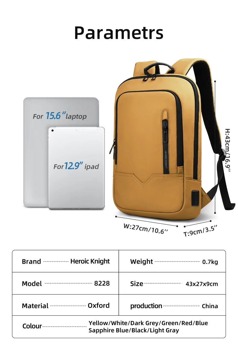 Heroic Knight Backpack Men Multifunction Business Waterproof Slim Laptop Backpack Fashion 15.6