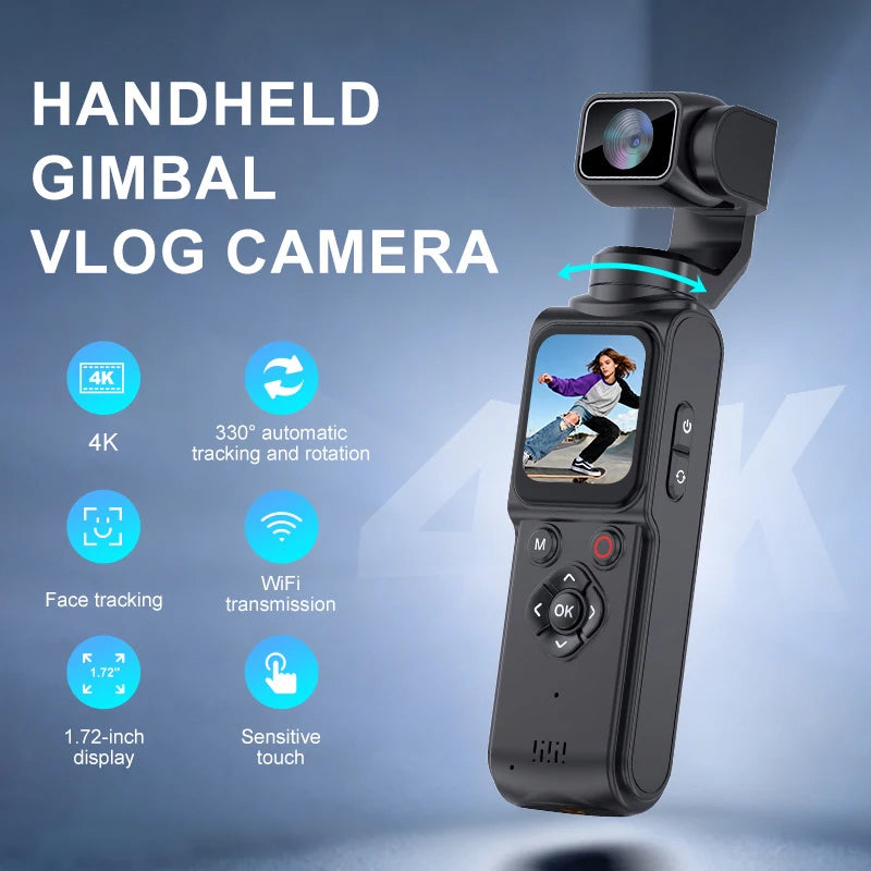 4K Vlog Pocket Gimbal Camera with 330° Face Tracking, 18x Zoom, WiFi, 2400mAh Battery–Handheld Stabilizer for YouTube,TikTok