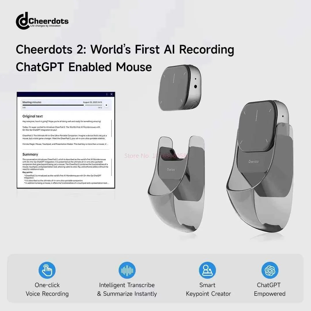 Cheerdots 2 Wireless Controll ChatGpt Detachable Air Mouse Wireless Touchpad All-in-one Pocket AI Recording Enabled Mouse Office