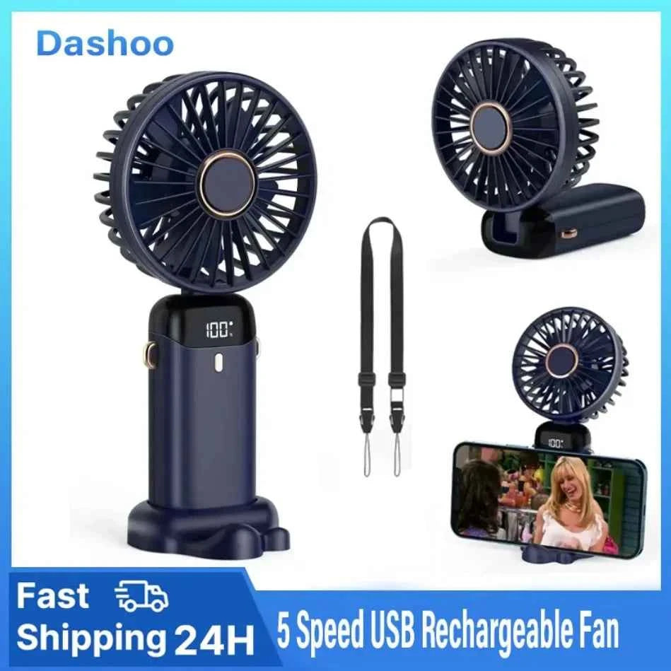 Folding Fan with Phone Stand, 5-Speed USB-C Rechargeable, LED Display Handheld & Desk Fan, Portable Fan for Outdoor Travel Gift
