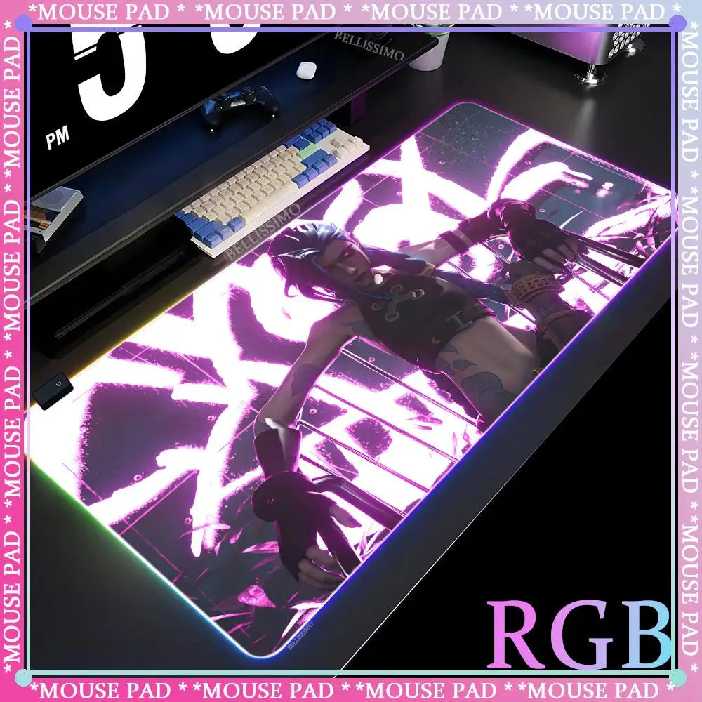 RGB League of Legends MousePad Gamer Jinx Anime Girl LED Game Accessories Keyboard Pad Large Desk mats Rubber Luminous Mouse Pad