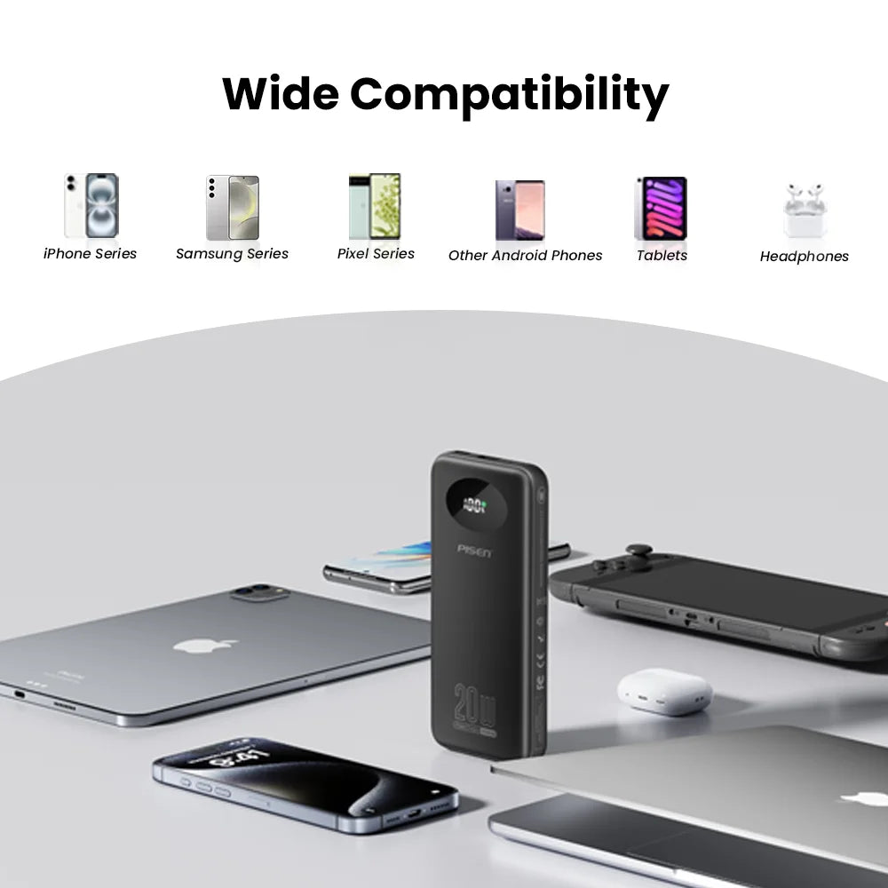 PISEN 3C Certified Power Bank 10000mAh & 20000mAh 20W Fast Charging Powerbank With 4 Built-in Cables For iPhone Samsung Xiaomi