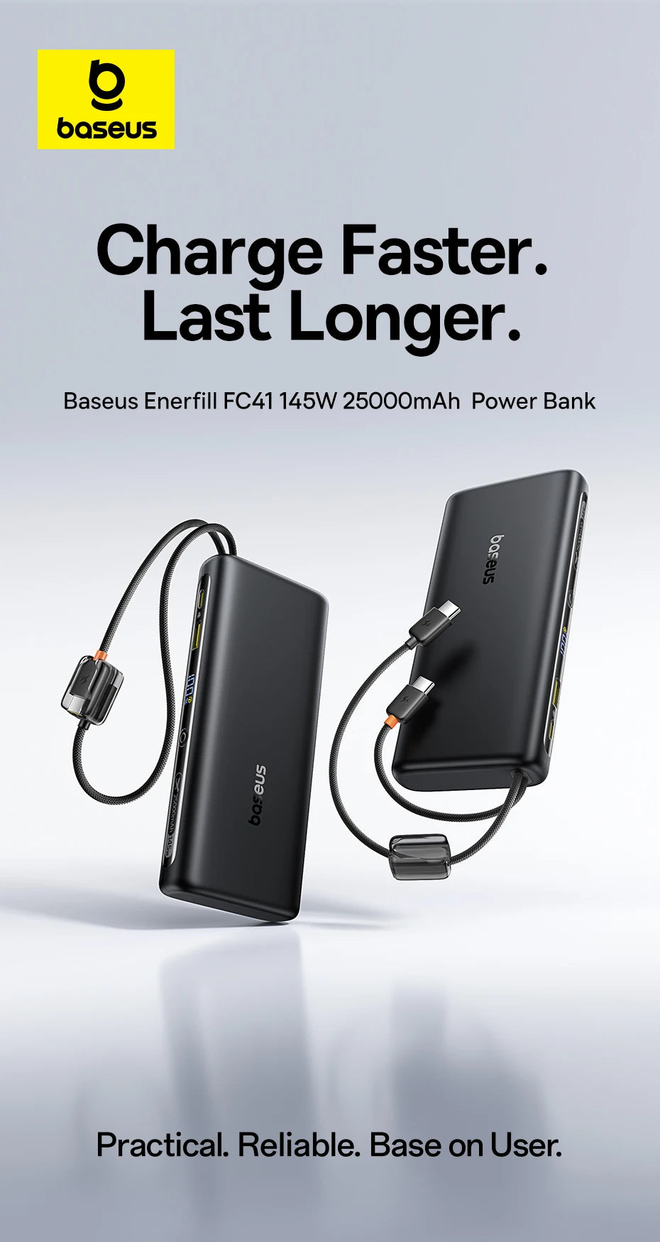 Baseus 145W Power Bank 25000mAh Fast Charging Built-In Type-C Cable Portable Battery Charger for iPhone Samsung MacBook Tablet