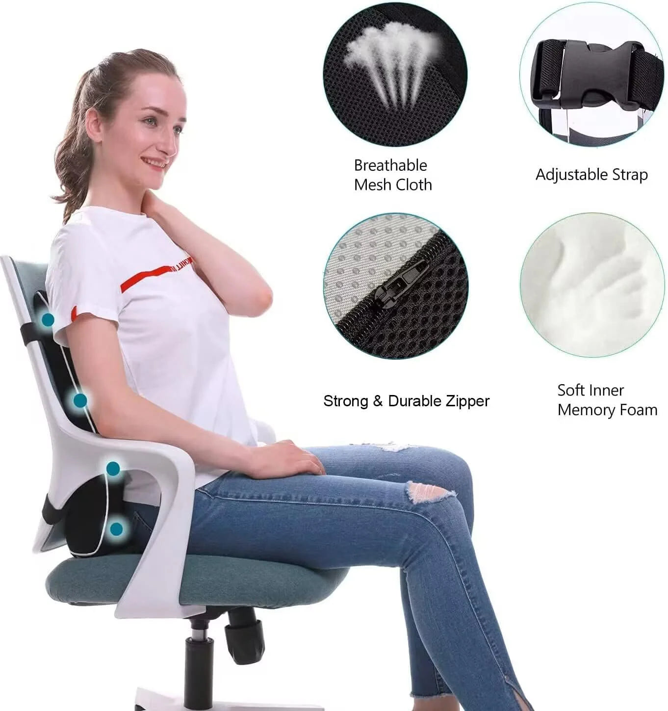 1pc Lumbar Support Pillow for Lower Back,Posture,Memory Foam Cushion with Adjustable Spinal, Breathable Mesh Cover