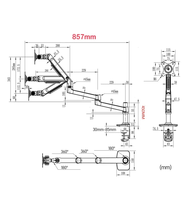 Aluminum Full Motion Free Lifting Ultra Long Arm 10-38 inch LED LCD Monitor Holder Monitor Mount Bracket V63C / XSJ8013C