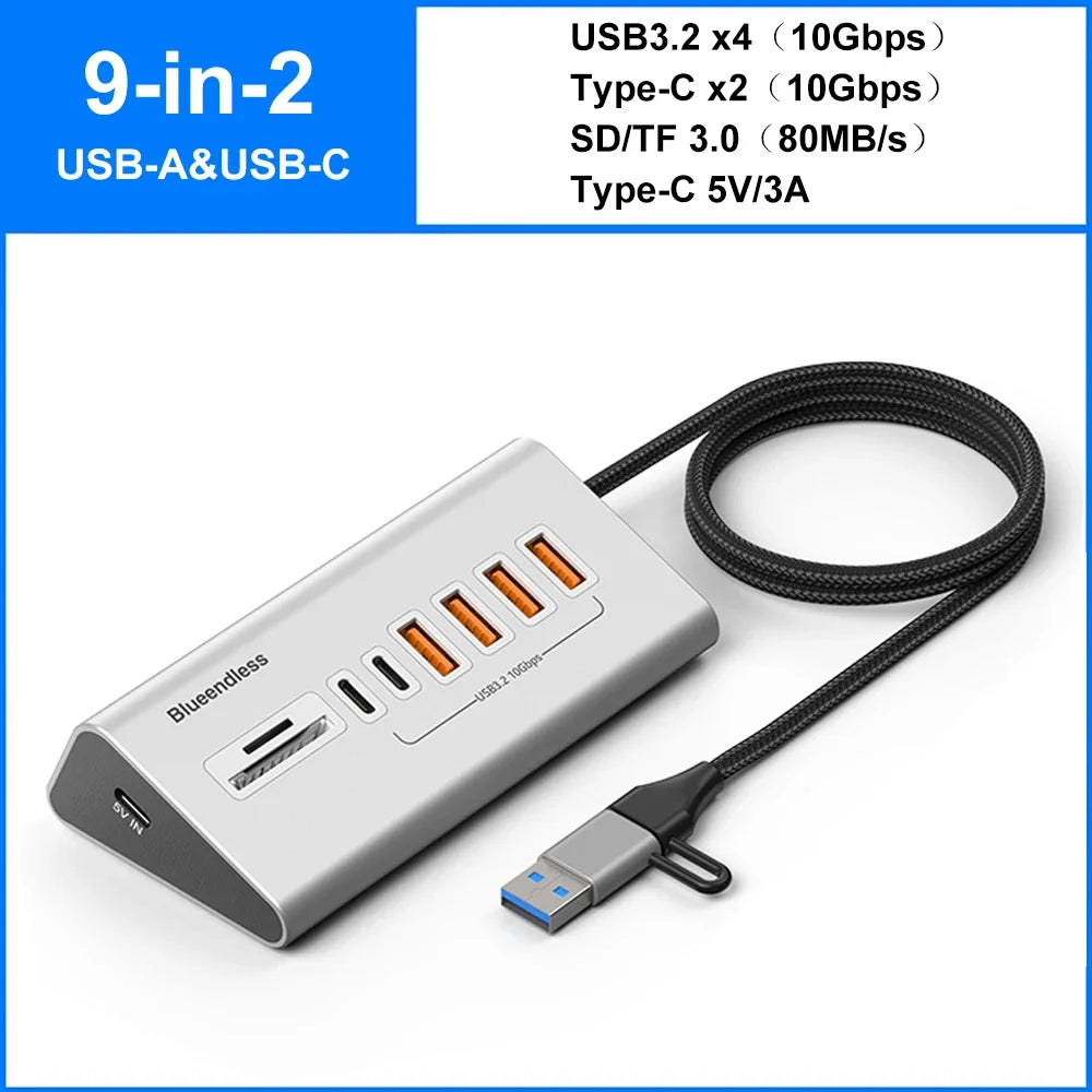 USB 3.2 10Gbps Hub USB Docking Station Type C Splitter with Card Reader Aluminum Alloy Multi 8/9 Ports Switch For PC Laptop