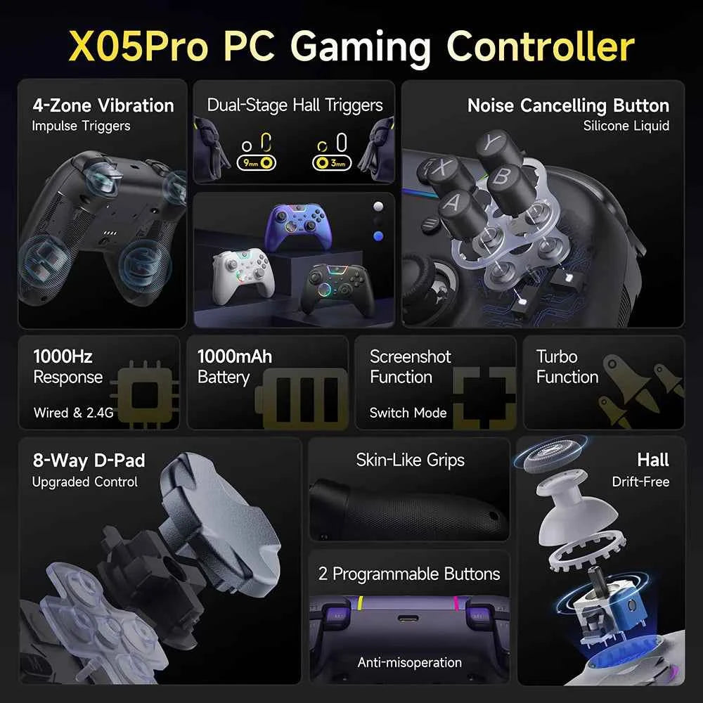 EasySMX X05Pro Charging Dock Controller for PC/Switch/Phone, Silent Button, 1000mAh Battery, Hall Joystick, RGB, Ergonomic Grip
